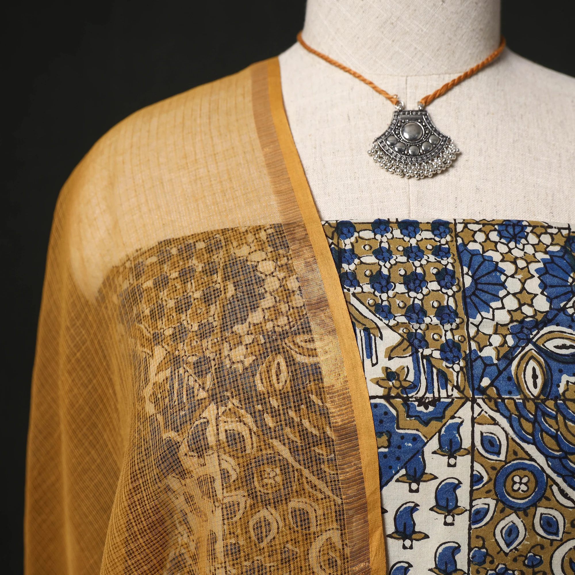Ajrakh Hand Block Print Natural Dyed 2pc Cotton Unstitched Dress Material Kurta Set with Jewellery 01 - Image 3