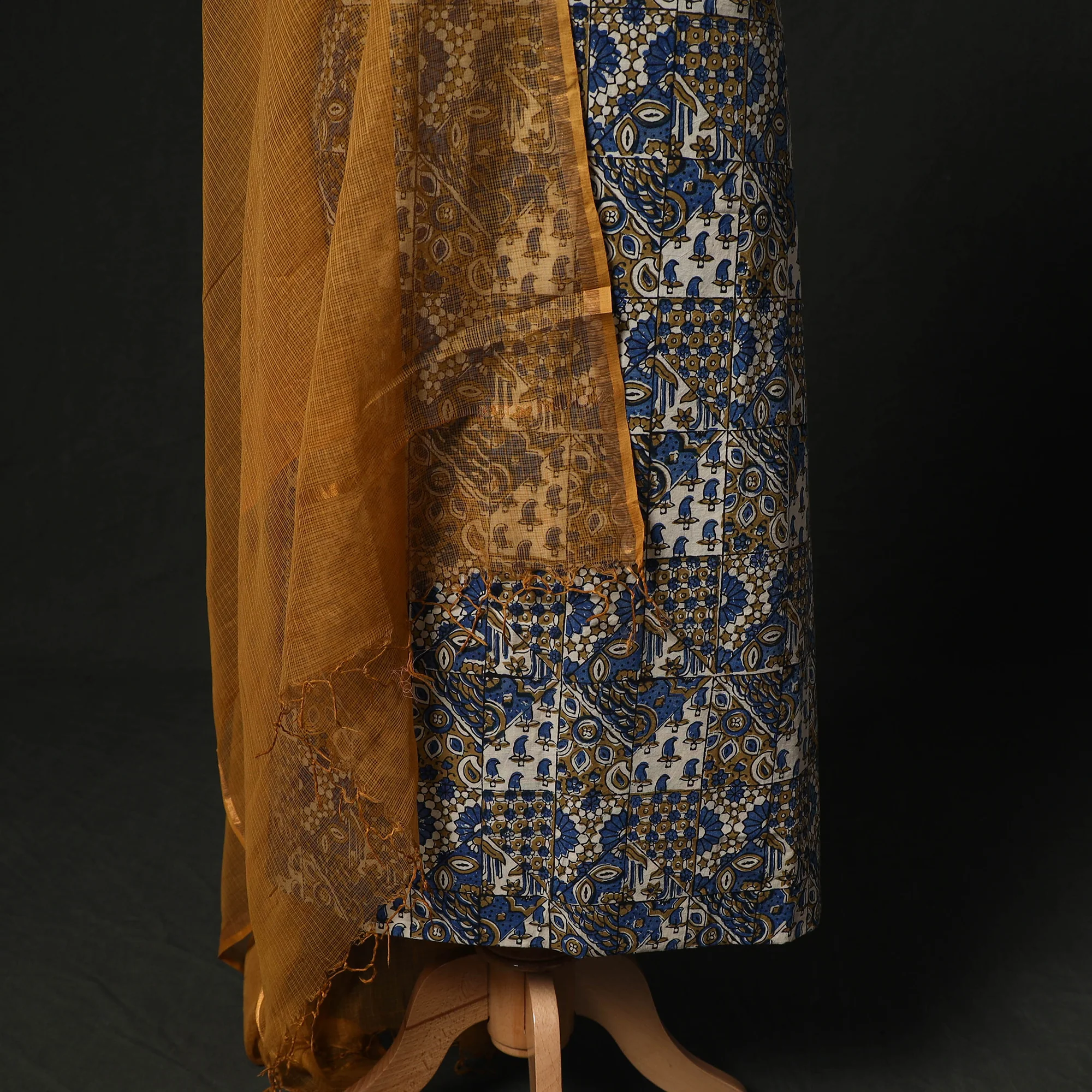 Ajrakh Hand Block Print Natural Dyed 2pc Cotton Unstitched Dress Material Kurta Set with Jewellery 01 - Image 4