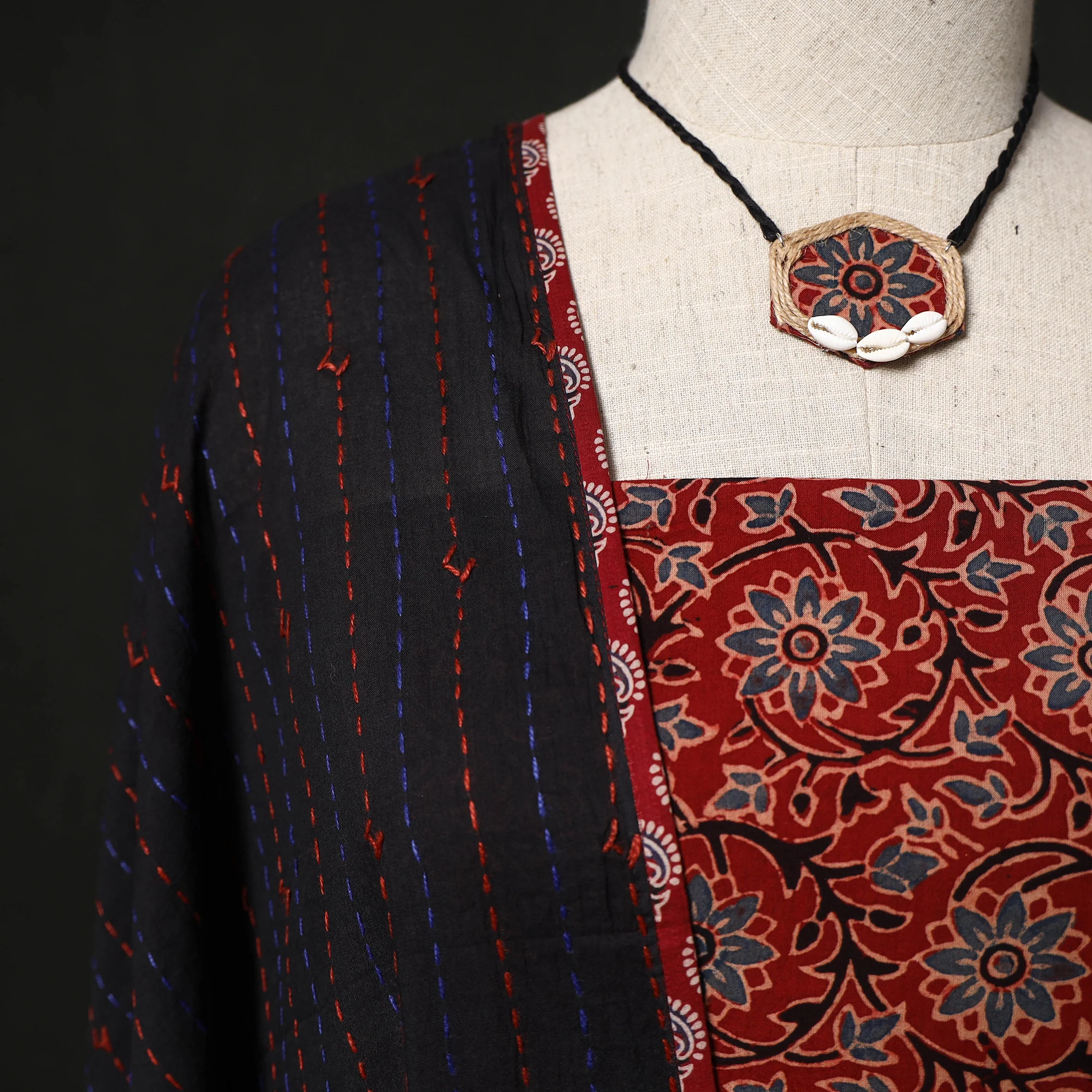 Ajrakh Hand Block Print Natural Dyed 2pc Cotton Unstitched Dress Material Kurta Set with Jewellery 28 - Image 3