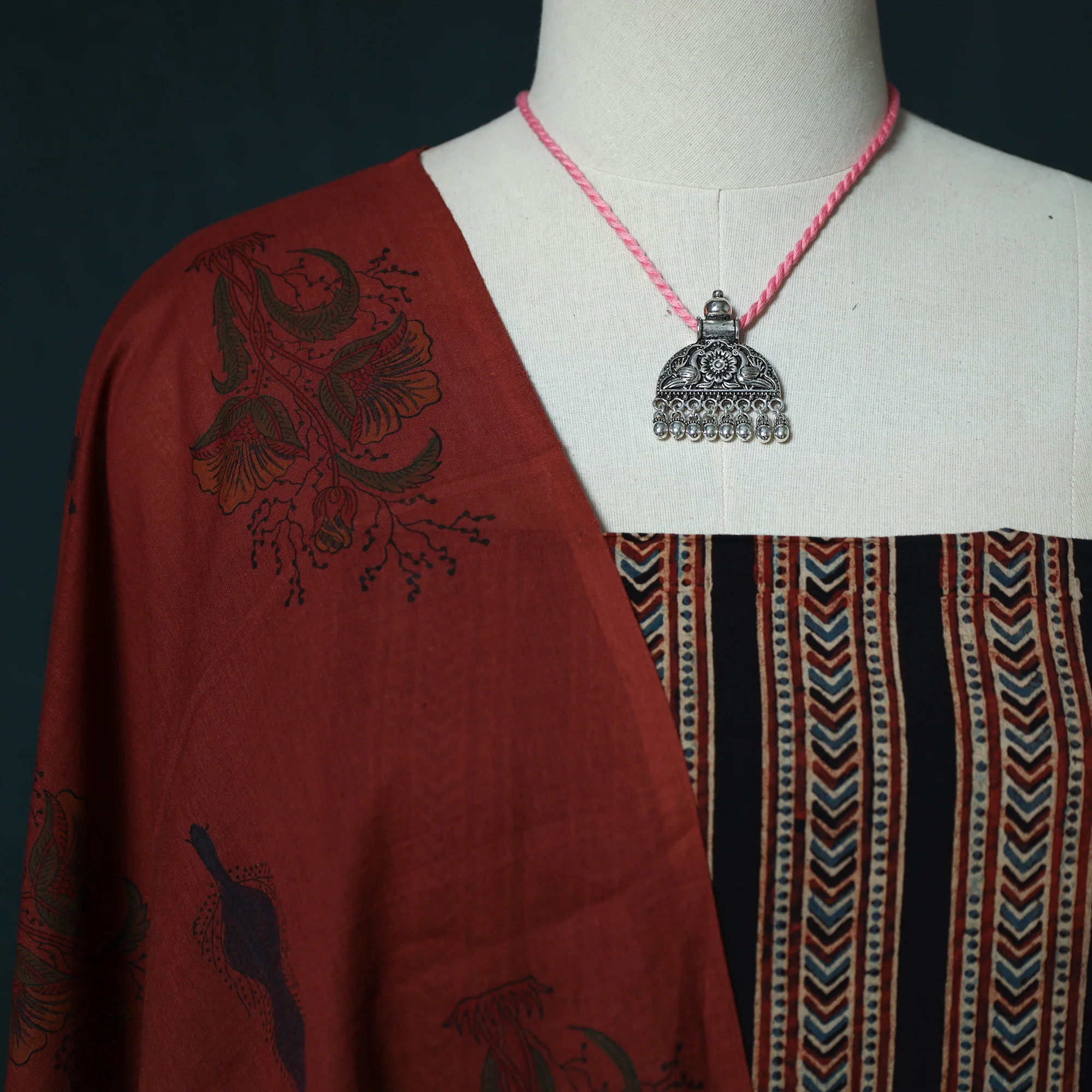 Ajrakh Hand Block Print Natural Dyed Cotton 2pc Unstitched Dress Material Kurta Set with Jewellery Set 16 - Image 3