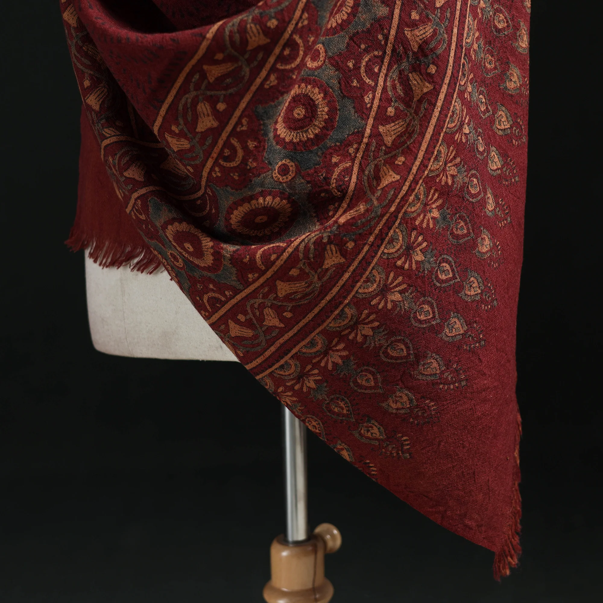Ajrakh Hand Block Print Natural Dyed Handwoven Acrylic Wool Shawl 18 - Image 4
