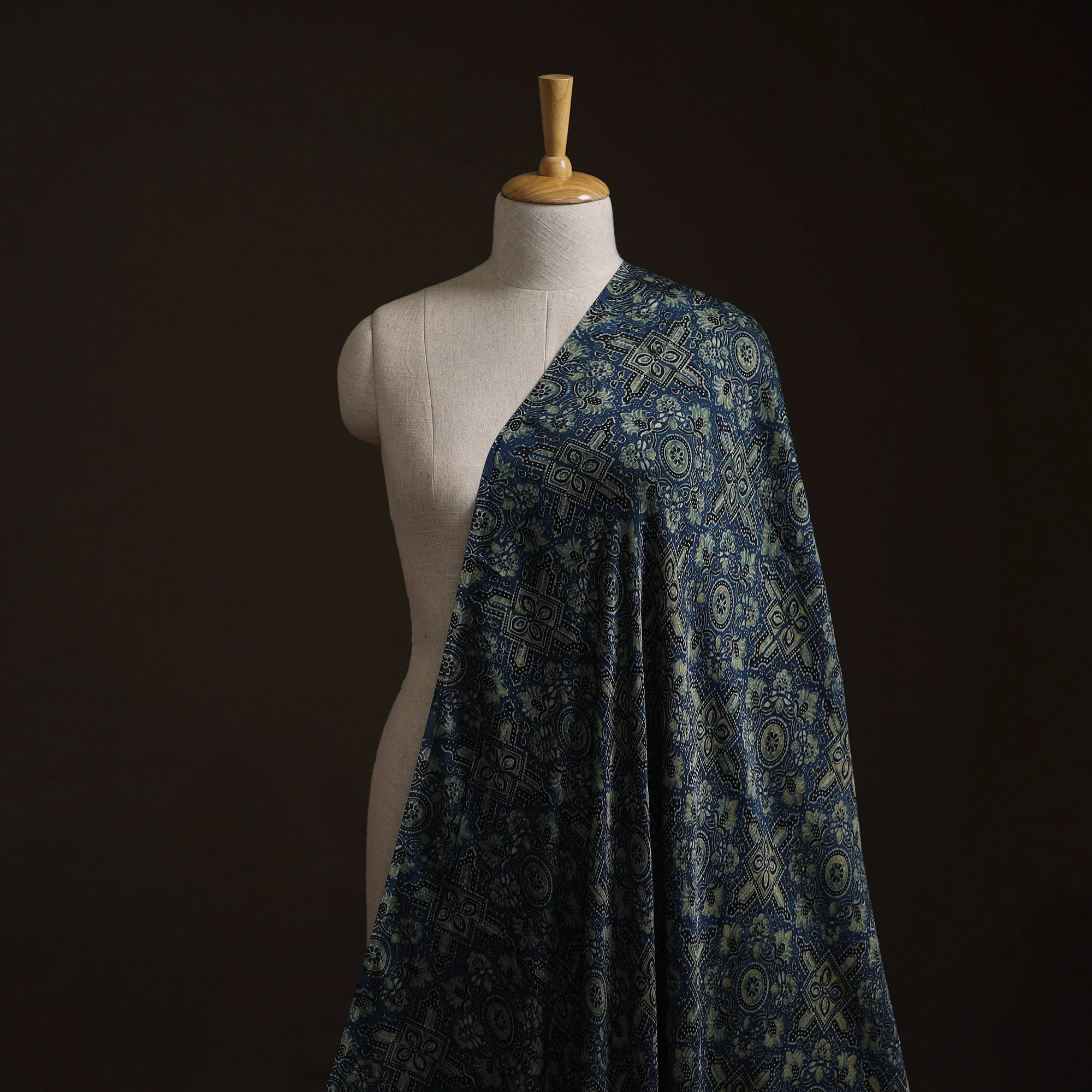 Blue - Ajrakh Hand Block Print Natural Dyed Modal Silk Fabric 02