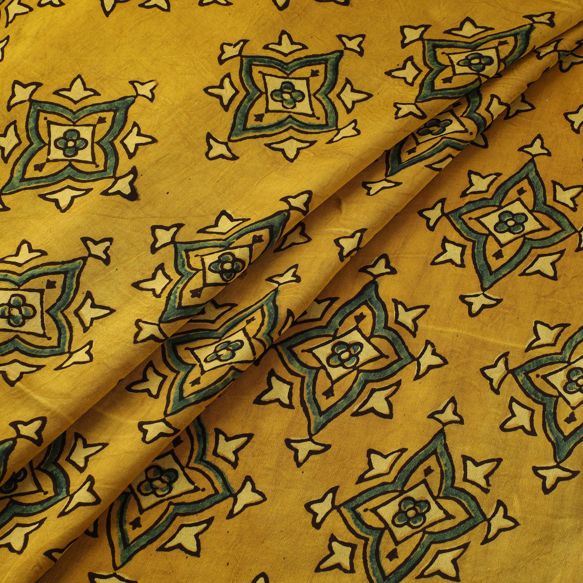 Yellow - Ajrakh Hand Block Print Natural Dyed Modal Silk Fabric 03 - Image 2