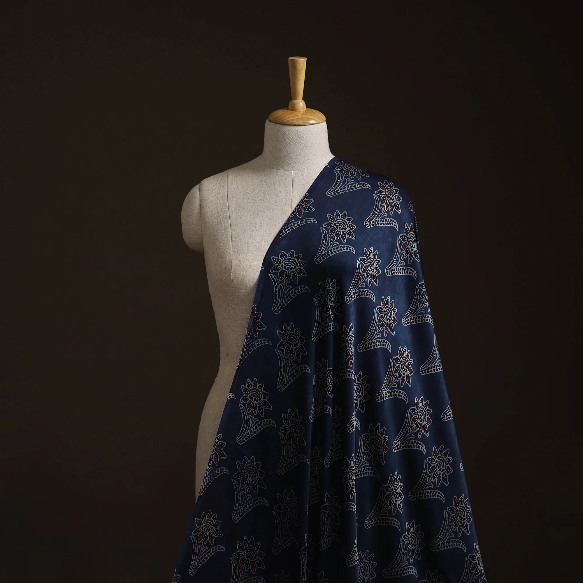 Blue - Ajrakh Hand Block Print Natural Dyed Modal Silk Fabric 26