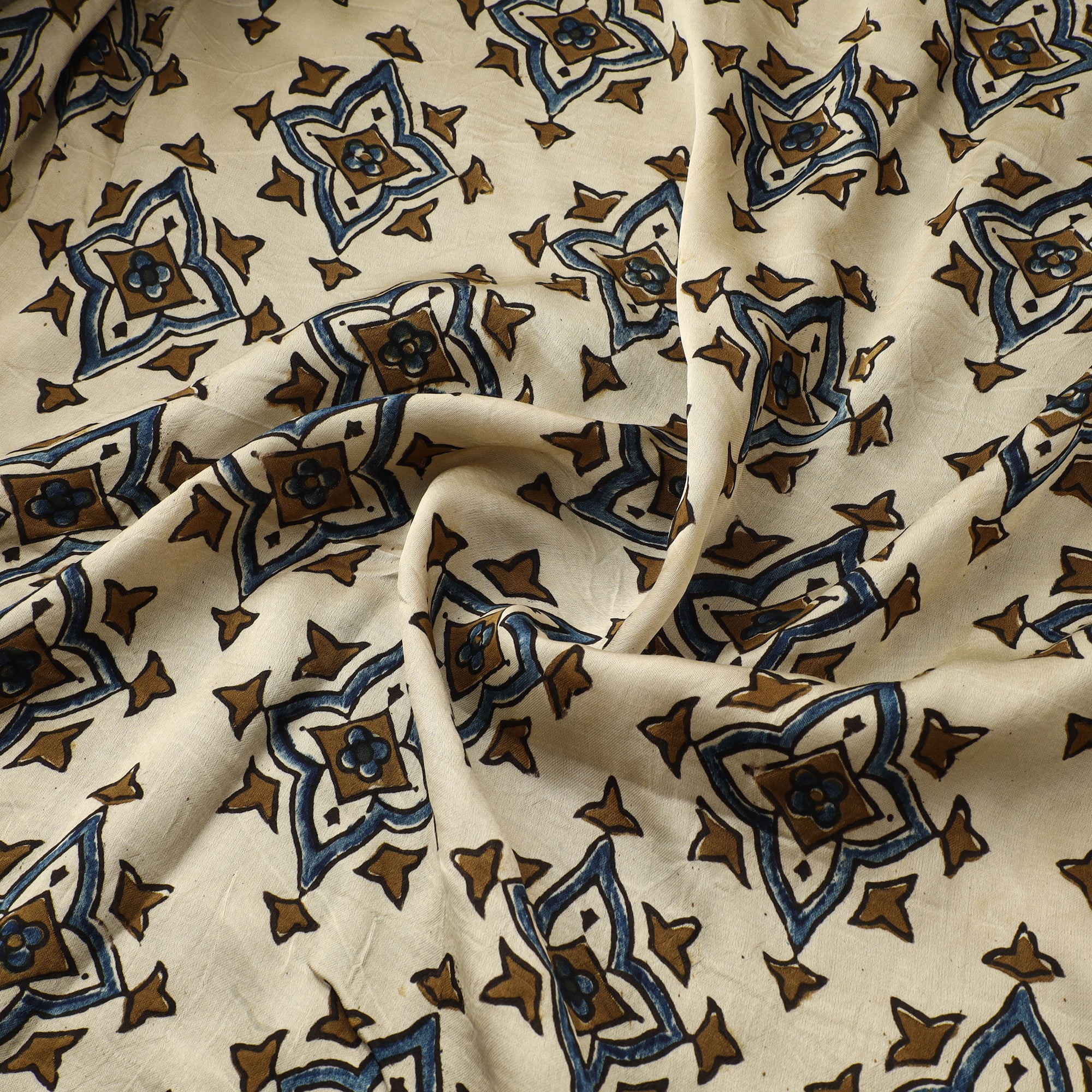 Beige - Ajrakh Hand Block Print Natural Dyed Modal Silk Fabric 27 - Image 3