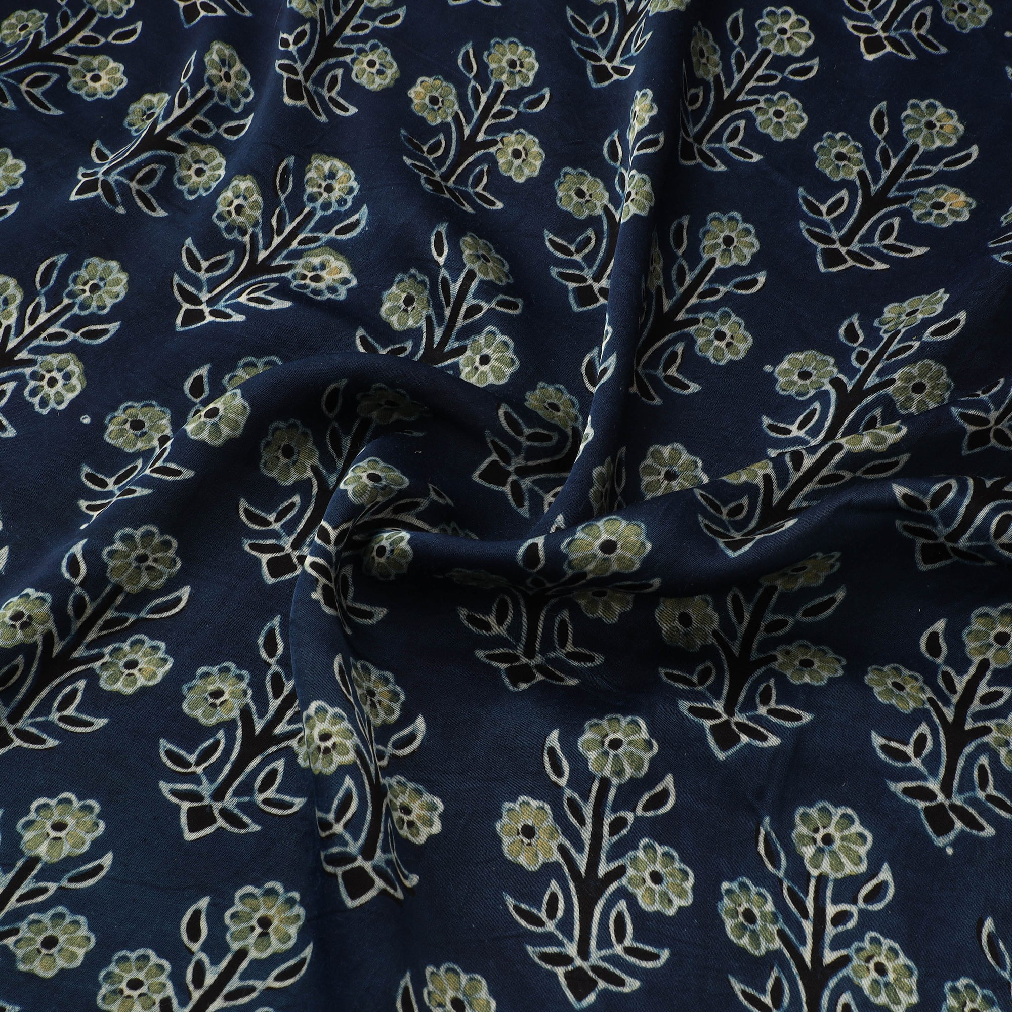 Blue - Ajrakh Hand Block Print Natural Dyed Modal Silk Fabric 35 - Image 3