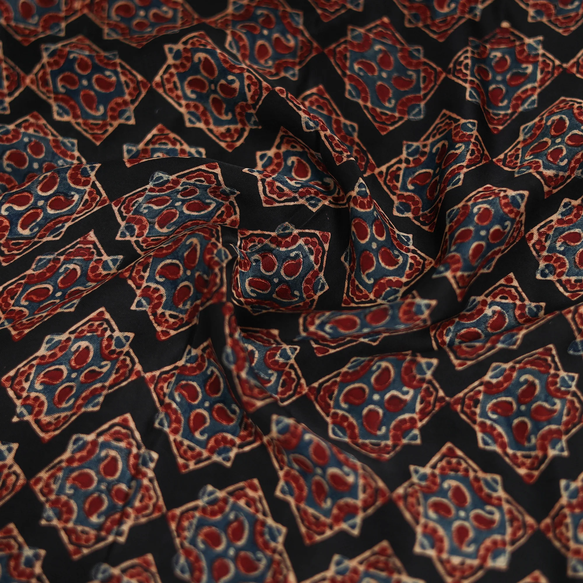 Black - Ajrakh Hand Block Print Natural Dyed Modal Silk Scarf 02 - Image 3