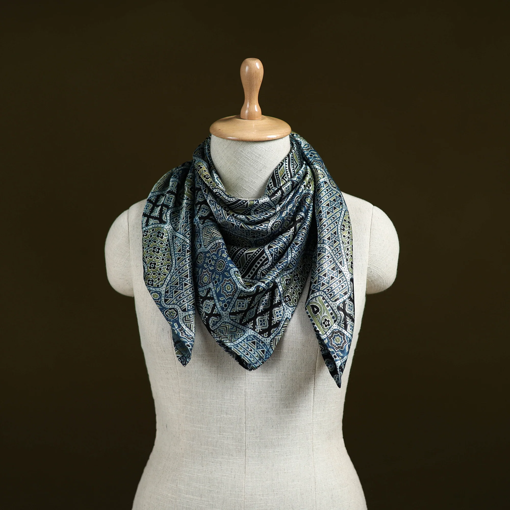 Blue - Ajrakh Hand Block Print Natural Dyed Modal Silk Scarf 07