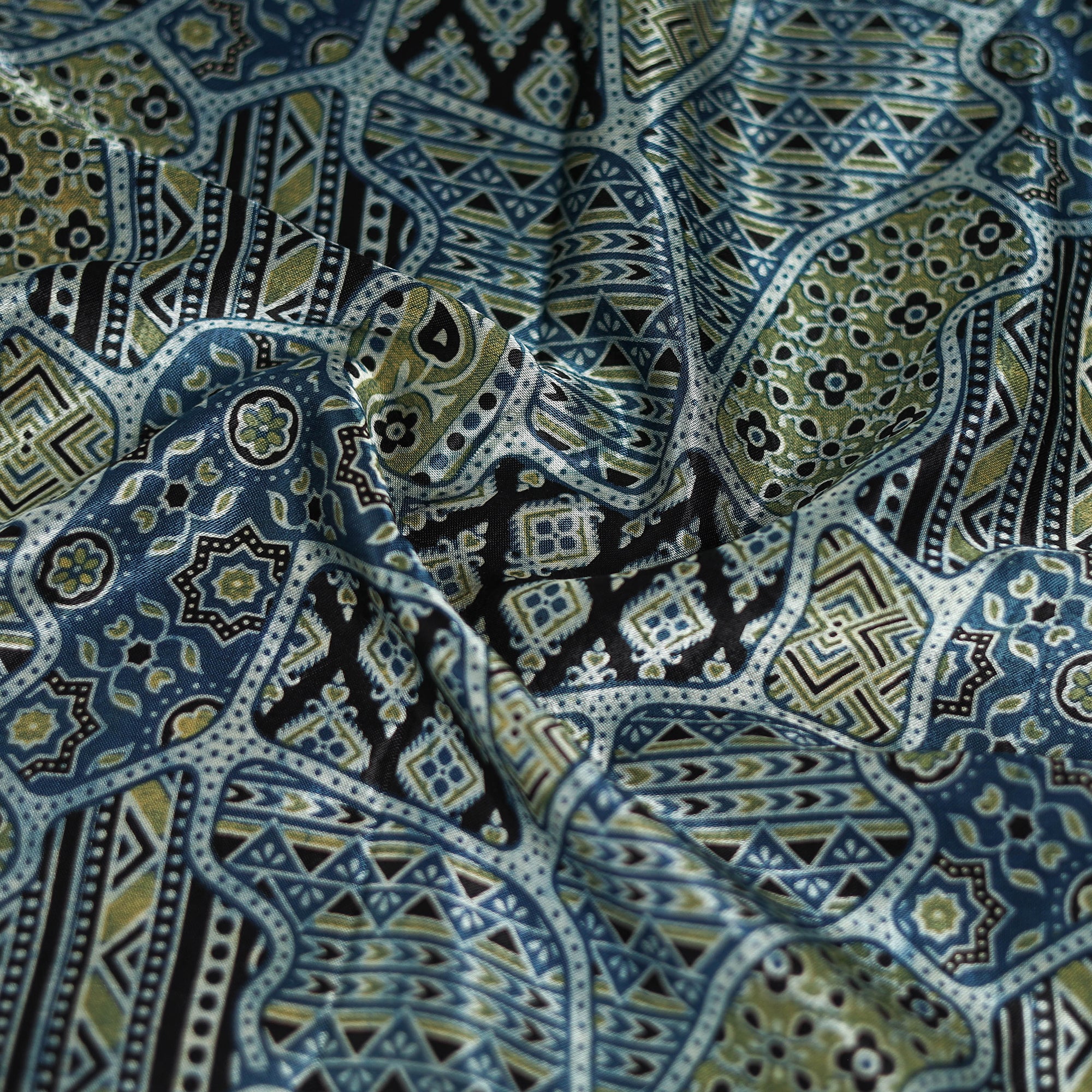 Blue - Ajrakh Hand Block Print Natural Dyed Modal Silk Scarf 07 - Image 3