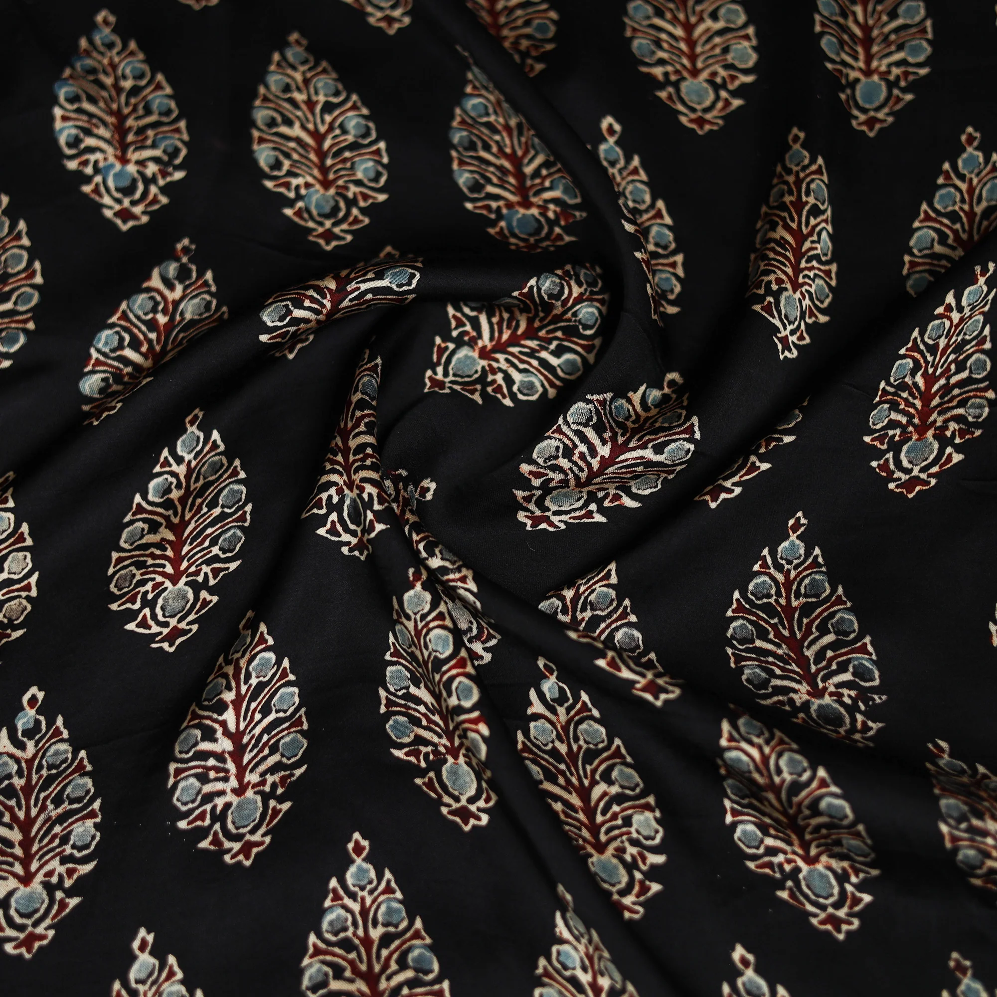 Black - Ajrakh Hand Block Print Natural Dyed Modal Silk Scarf 21 - Image 3