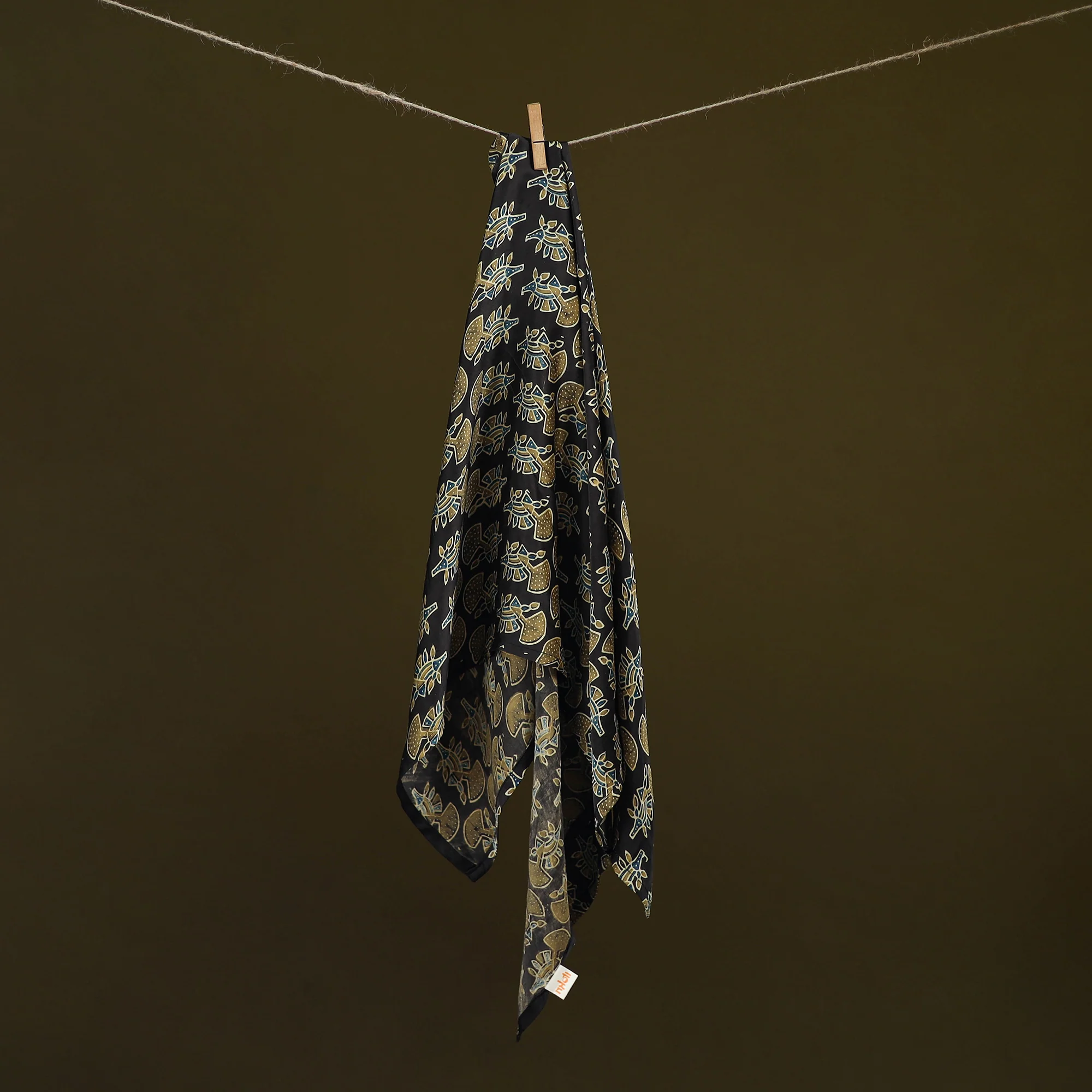Black - Ajrakh Hand Block Print Natural Dyed Modal Silk Scarf 31 - Image 2