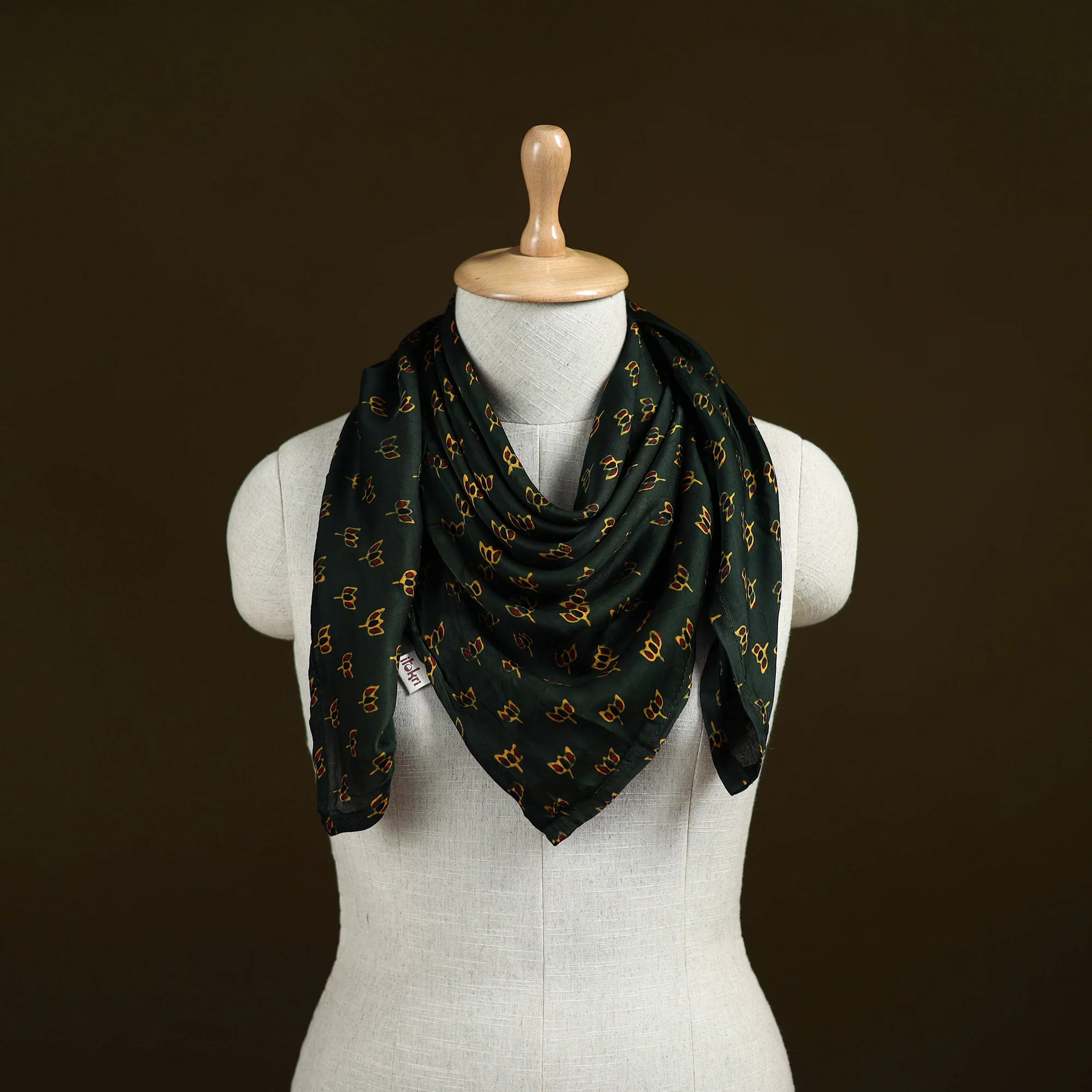 Green - Ajrakh Hand Block Print Natural Dyed Modal Silk Scarf 32