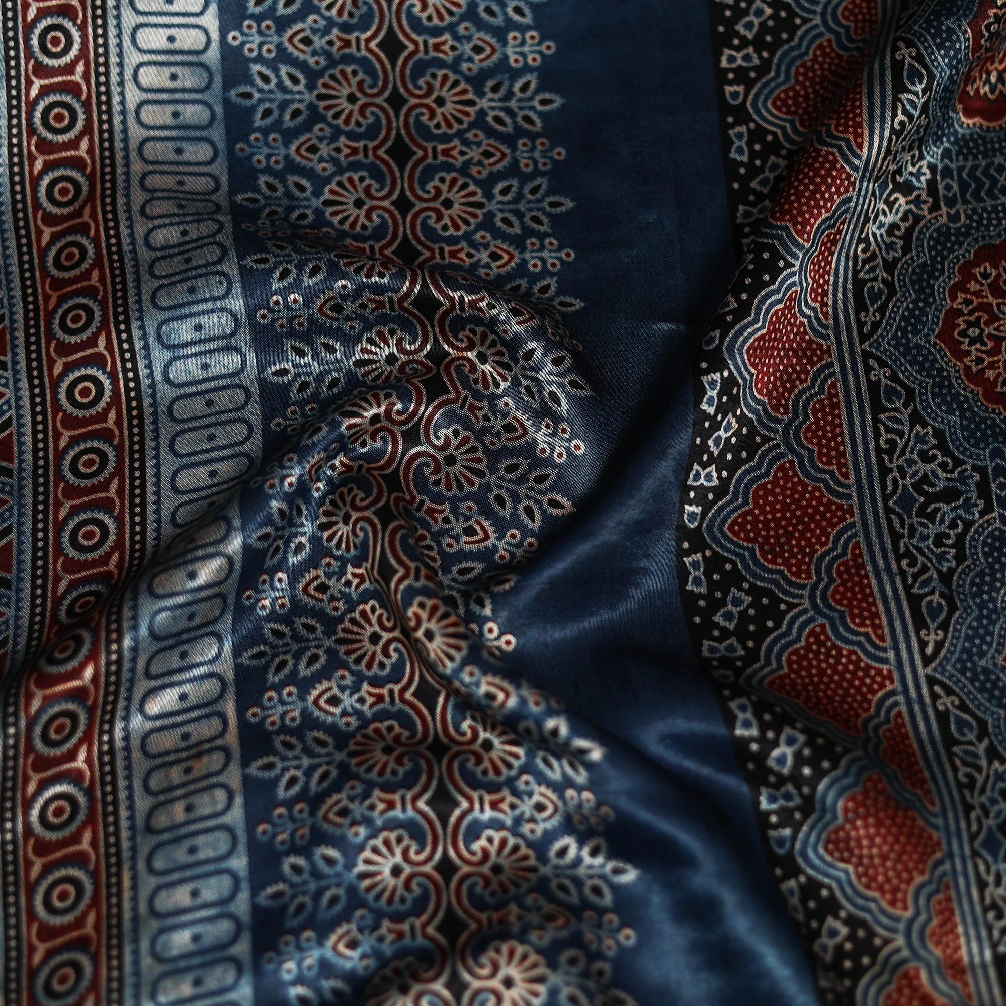 Blue - Ajrakh Hand Block Print Natural Dyed Modal Silk Scarf 37 - Image 3