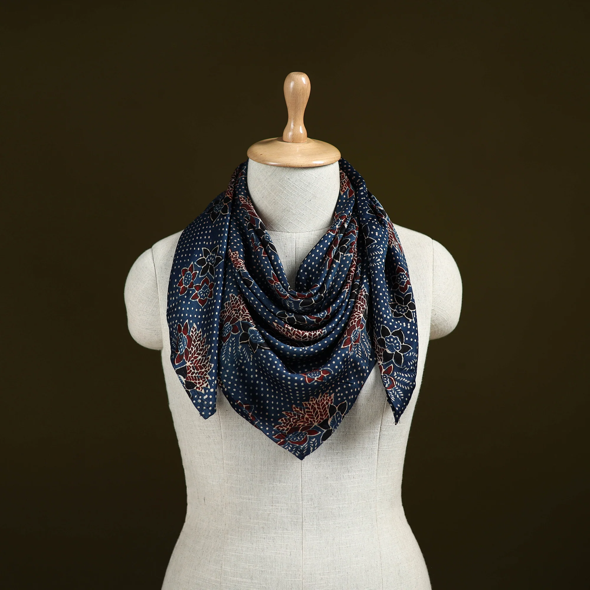 Blue - Ajrakh Hand Block Print Natural Dyed Modal Silk Scarf 48