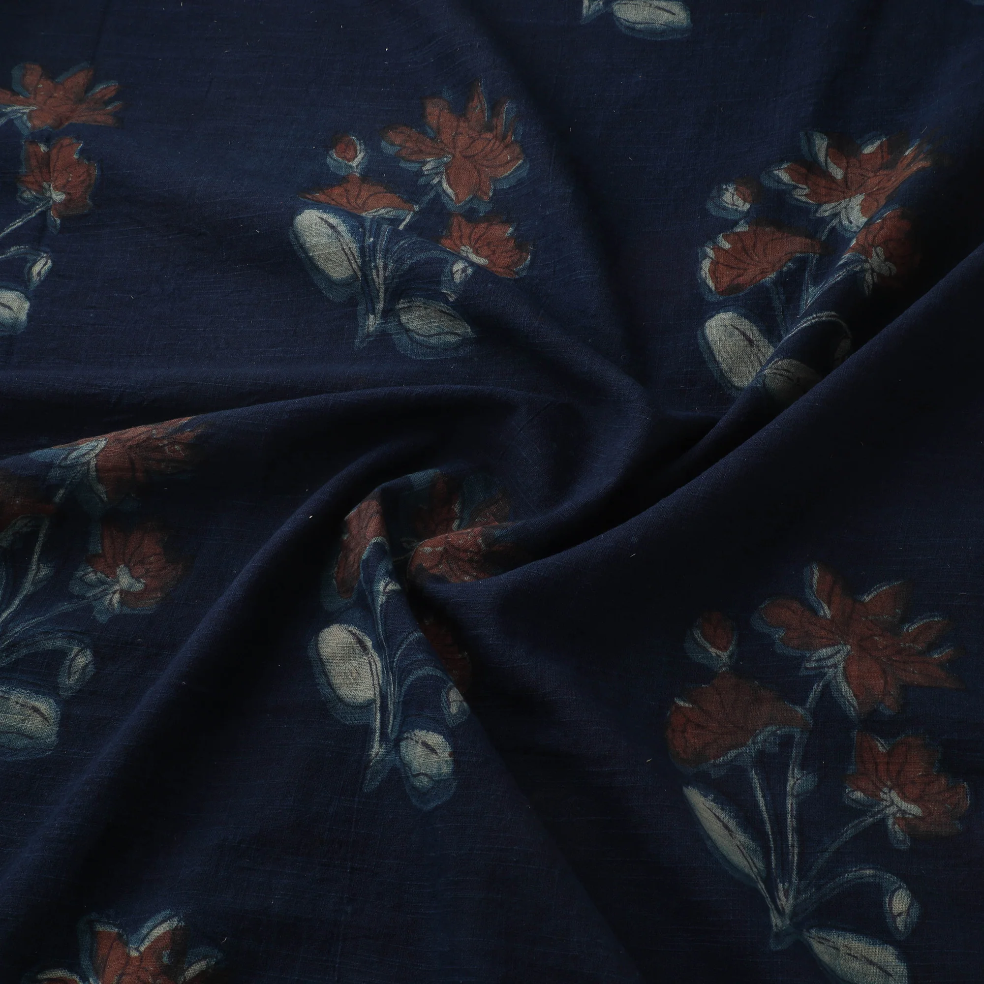 Blue - Akola Hand Block Print Slub Cotton Fabric 15 - Image 3