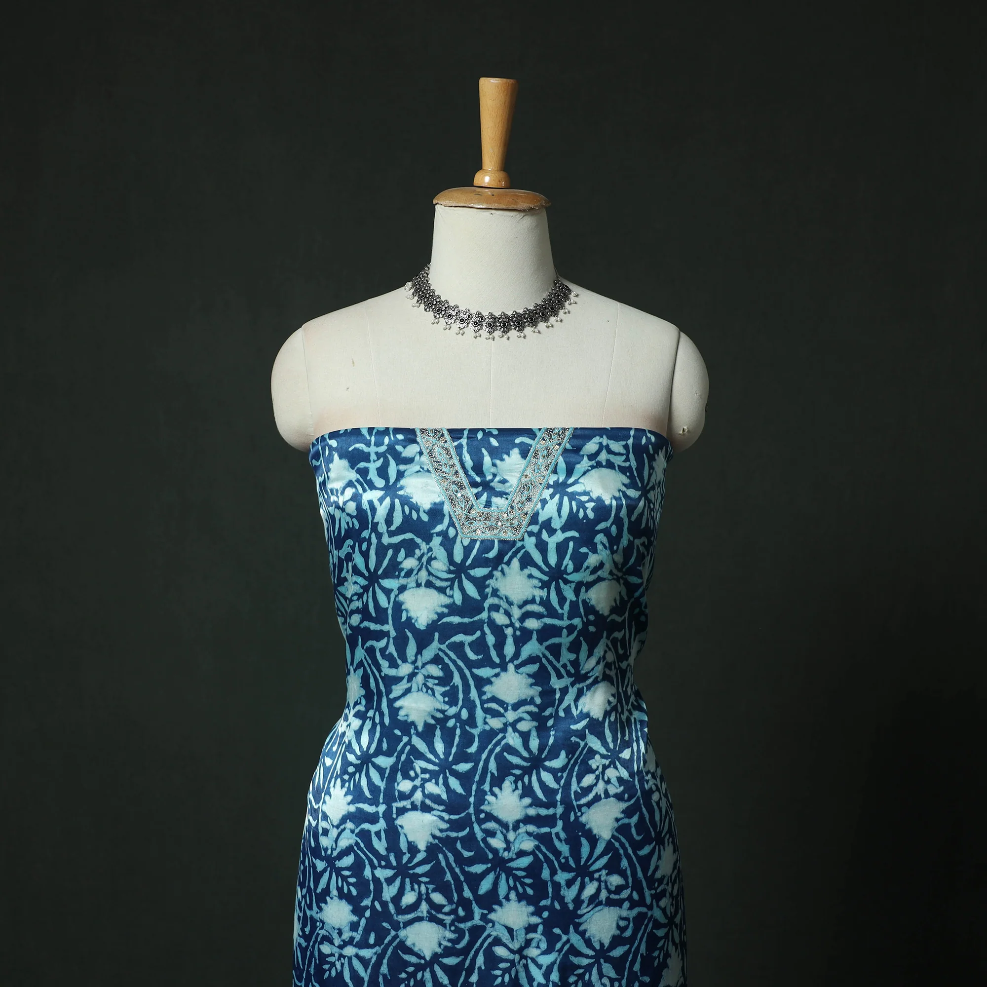 Blue - bagru Vanaspati Block Print Modal Silk Lace Handwork 2pc Unstitched Dress Material Kurta Set 04 - Image 2