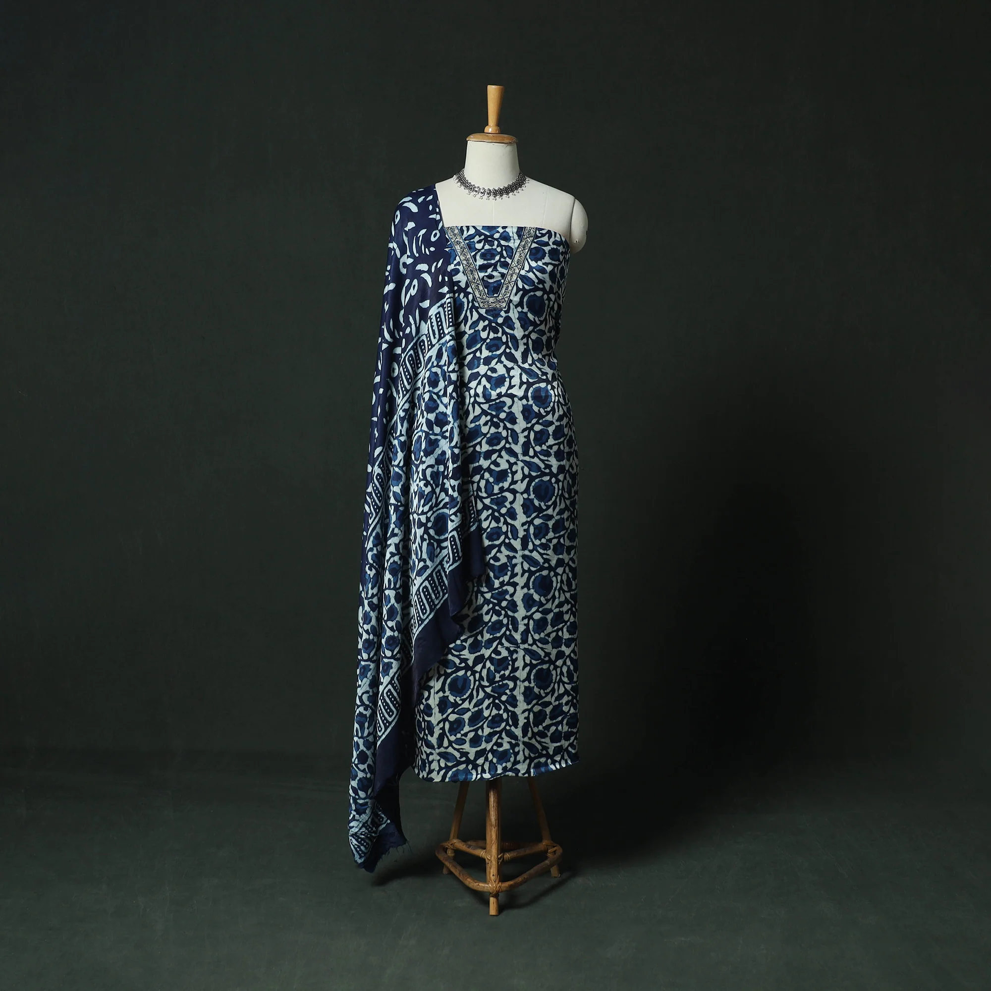 Blue - Bagru Vanaspati Block Print Modal Silk Lace Handwork 2pc Unstitched Dress Material Kurta Set 09