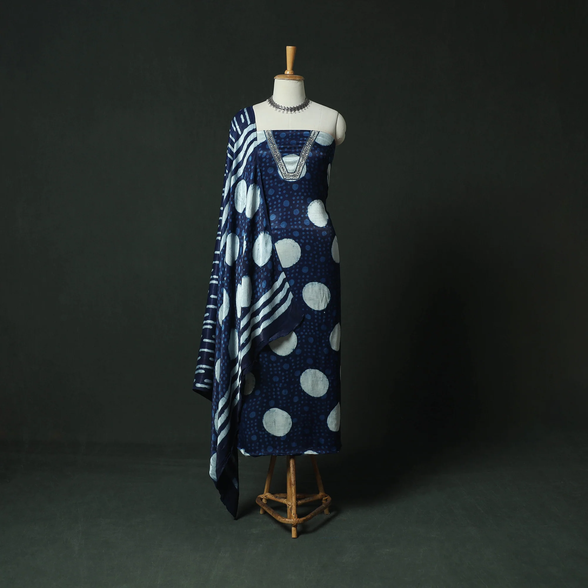 Blue - Bagru Vanaspati Block Print Modal Silk Lace Handwork 2pc Unstitched Dress Material Kurta Set 11