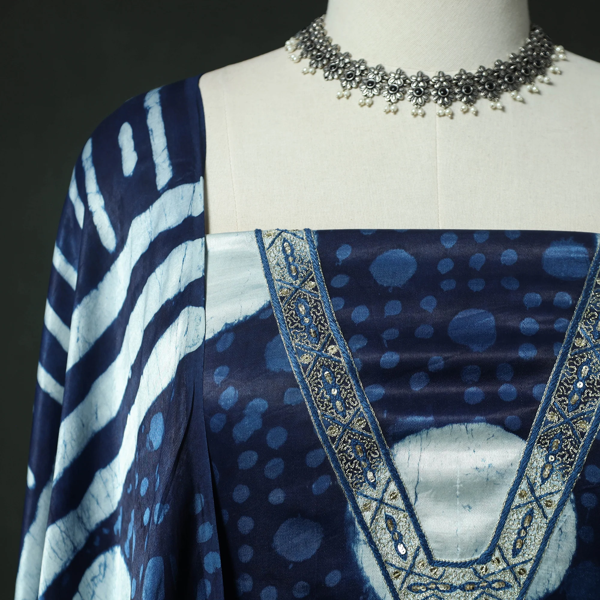 Blue - Bagru Vanaspati Block Print Modal Silk Lace Handwork 2pc Unstitched Dress Material Kurta Set 11 - Image 3