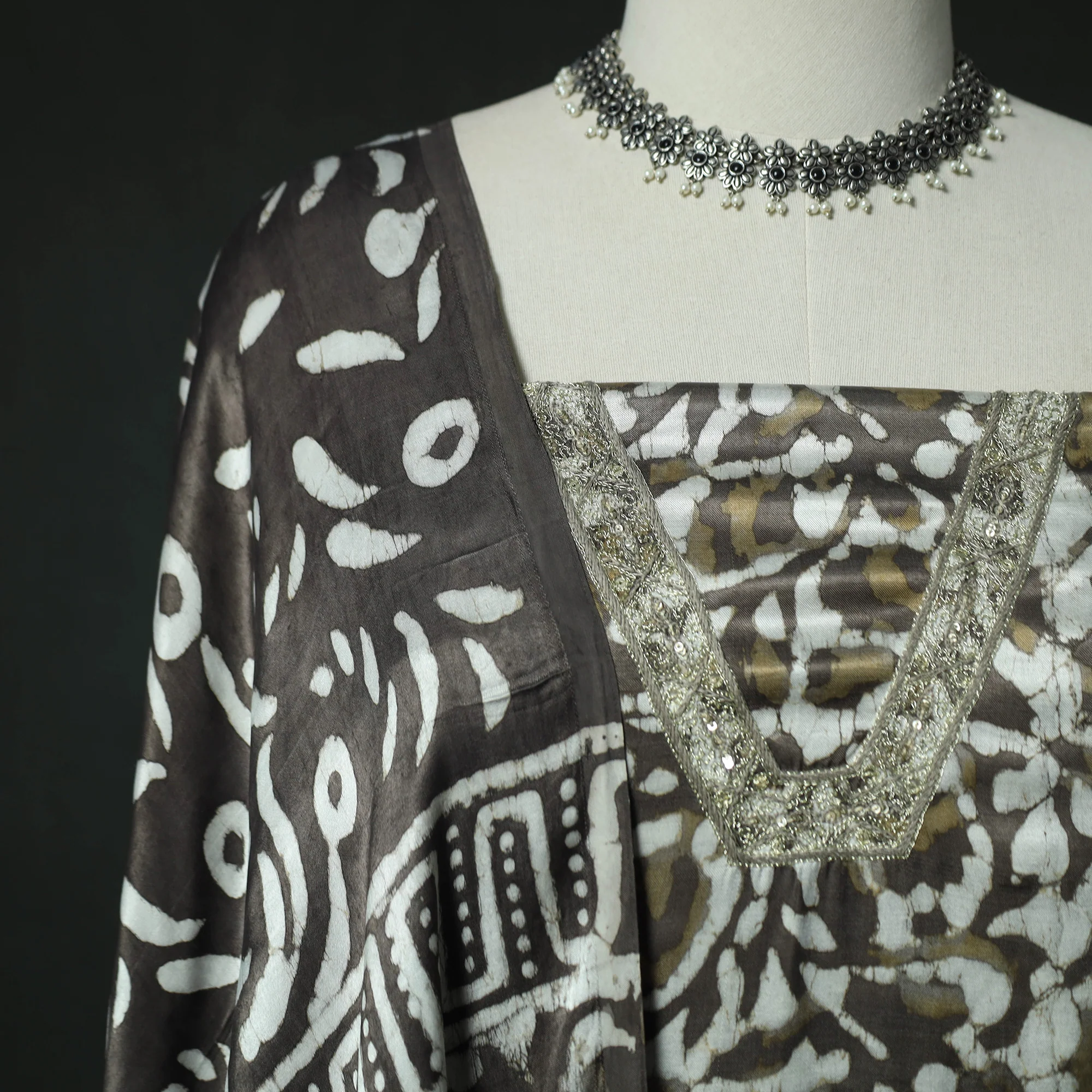 Brown - Bagru Vanaspati Block Print Modal Silk Lace Handwork 2pc Unstitched Dress Material Kurta Set 12 - Image 3