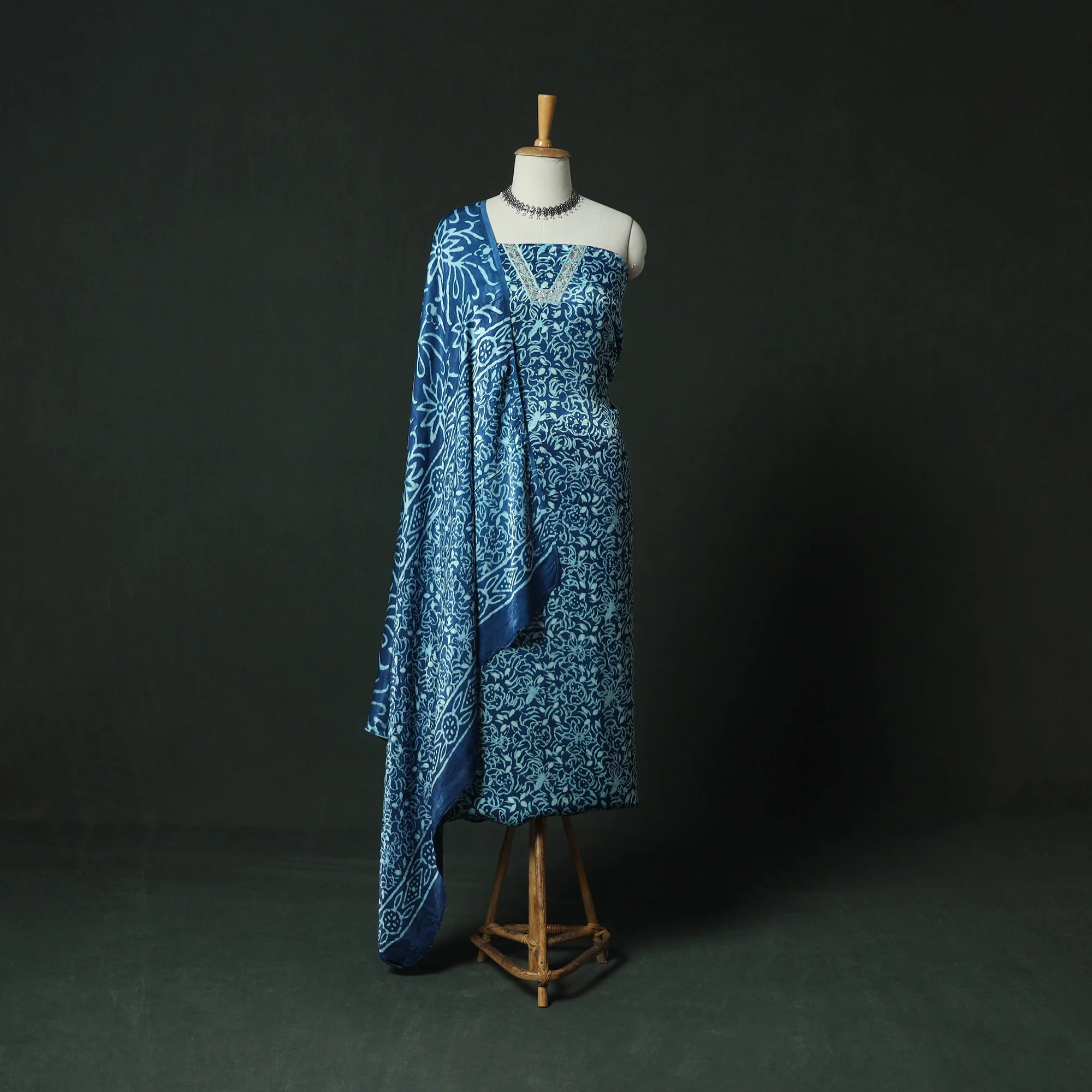 Blue - Bagru Vanaspati Block Print Modal Silk Lace Handwork 2pc Unstitched Dress Material Kurta Set 13