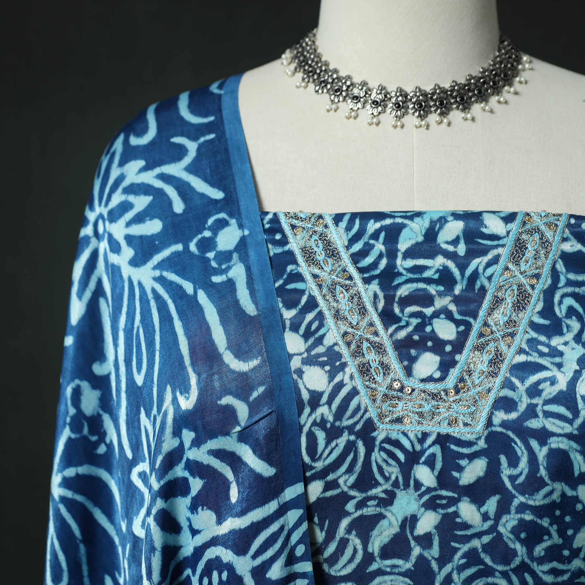 Blue - Bagru Vanaspati Block Print Modal Silk Lace Handwork 2pc Unstitched Dress Material Kurta Set 13 - Image 3