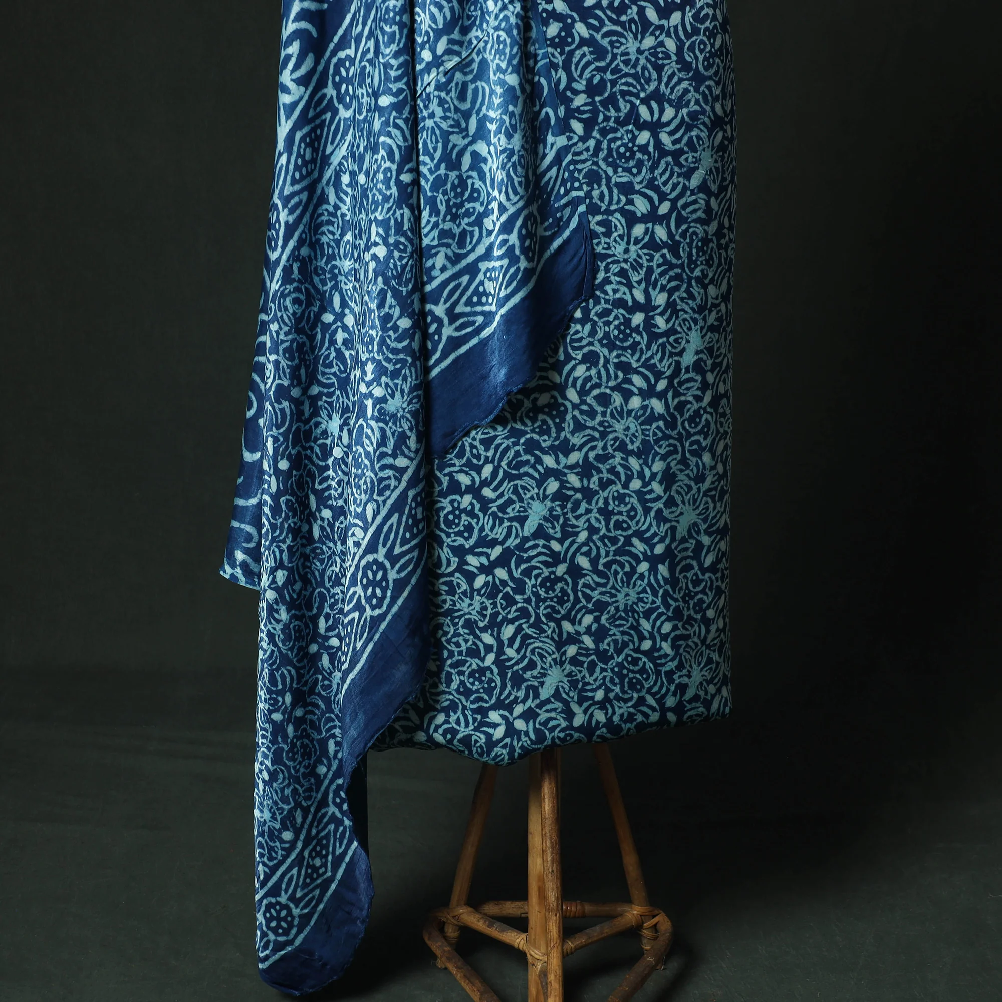 Blue - Bagru Vanaspati Block Print Modal Silk Lace Handwork 2pc Unstitched Dress Material Kurta Set 13 - Image 4