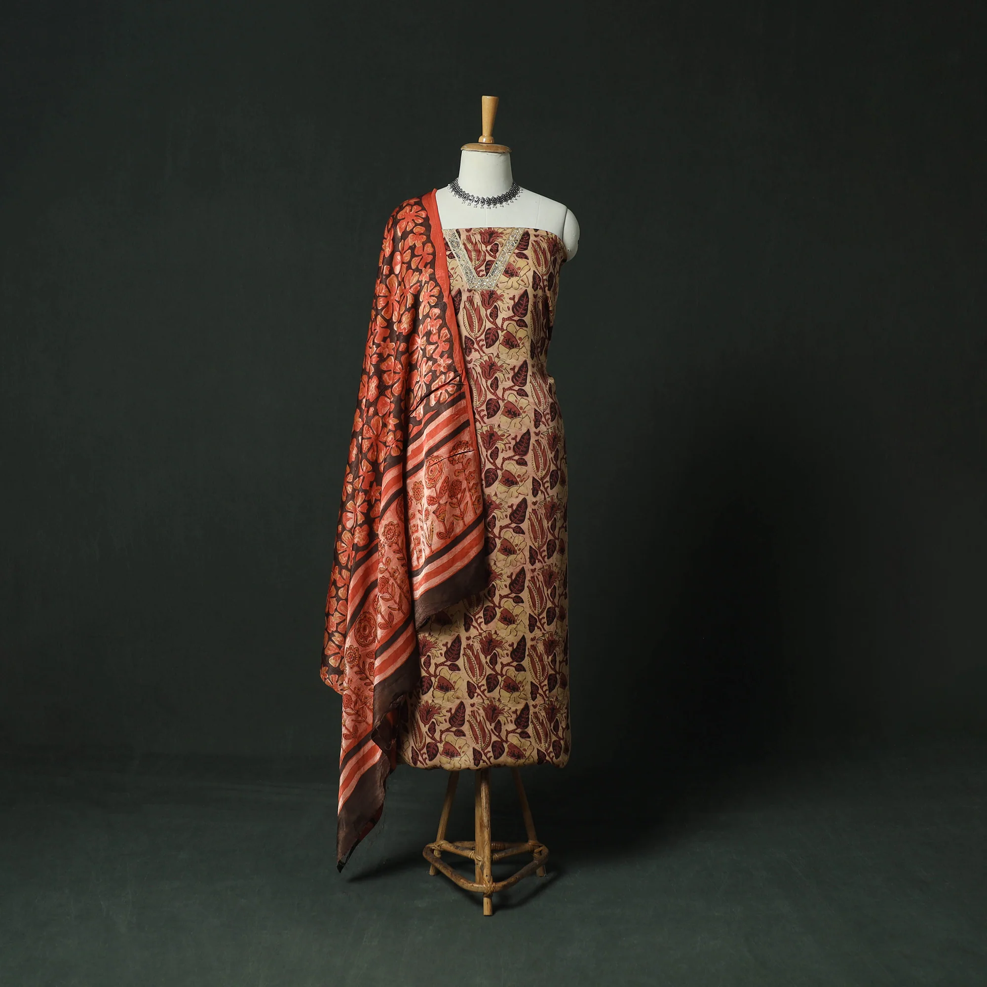 Orange - Bagru Vanaspati Block Print Modal Silk Lace Handwork 2pc Unstitched Dress Material Kurta Set 14
