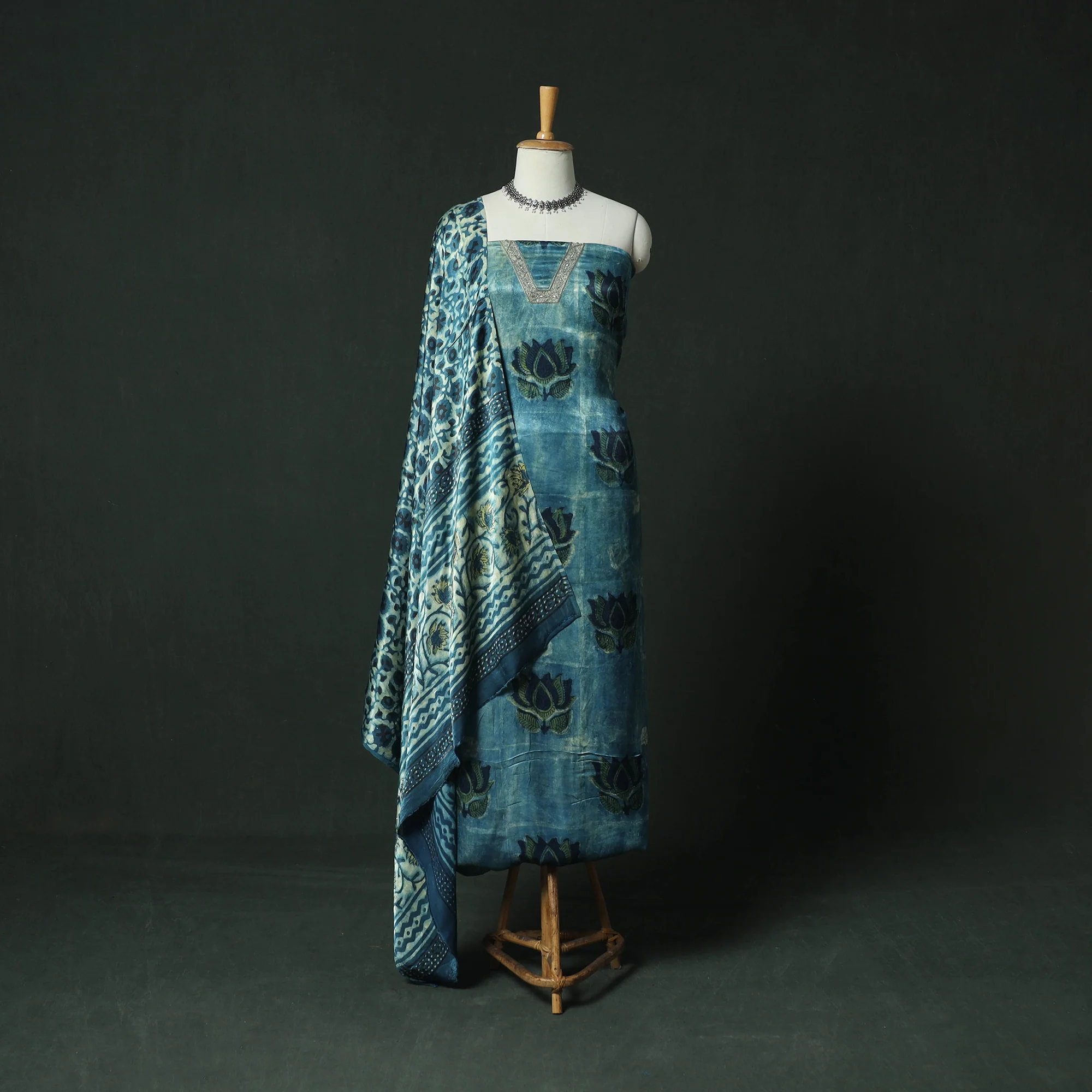 Blue - Bagru Vanaspati Block Print Modal Silk Lace Handwork 2pc Unstitched Dress Material Kurta Set 16