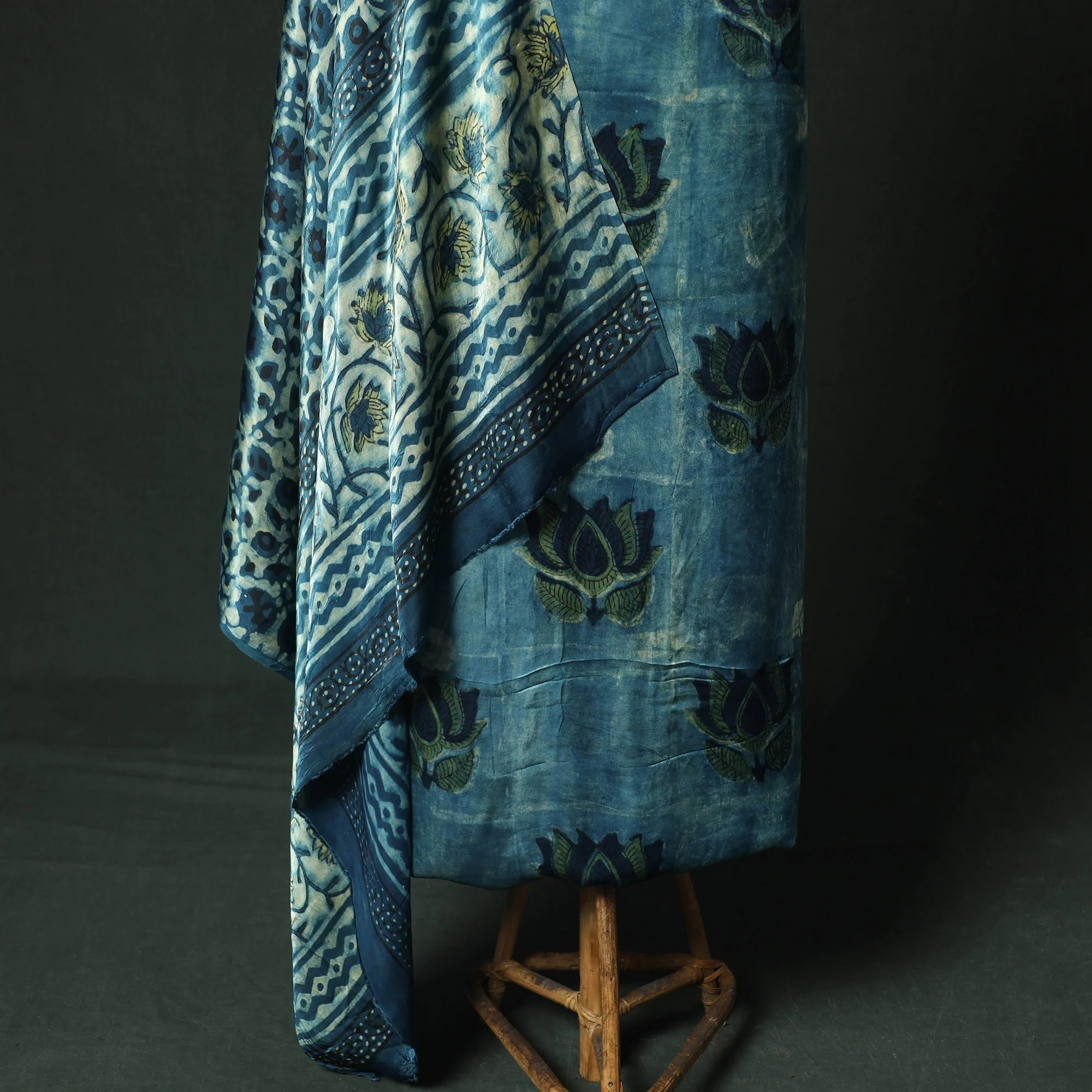 Blue - Bagru Vanaspati Block Print Modal Silk Lace Handwork 2pc Unstitched Dress Material Kurta Set 16 - Image 4