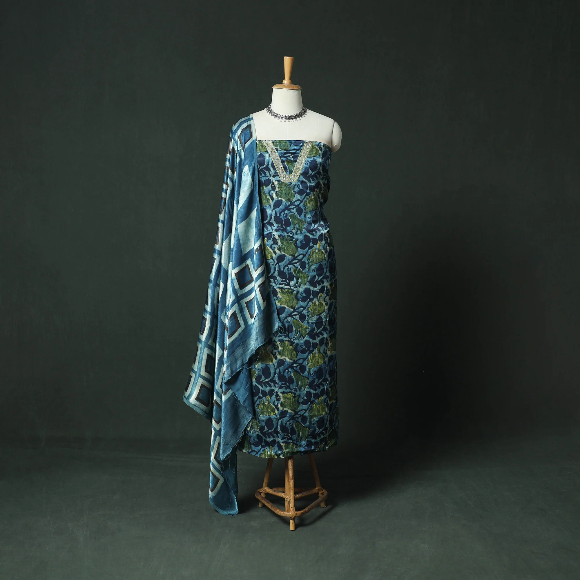 Blue - Bagru Vanaspati Block Print Modal Silk Lace Handwork 2pc Unstitched Dress Material Kurta Set 17