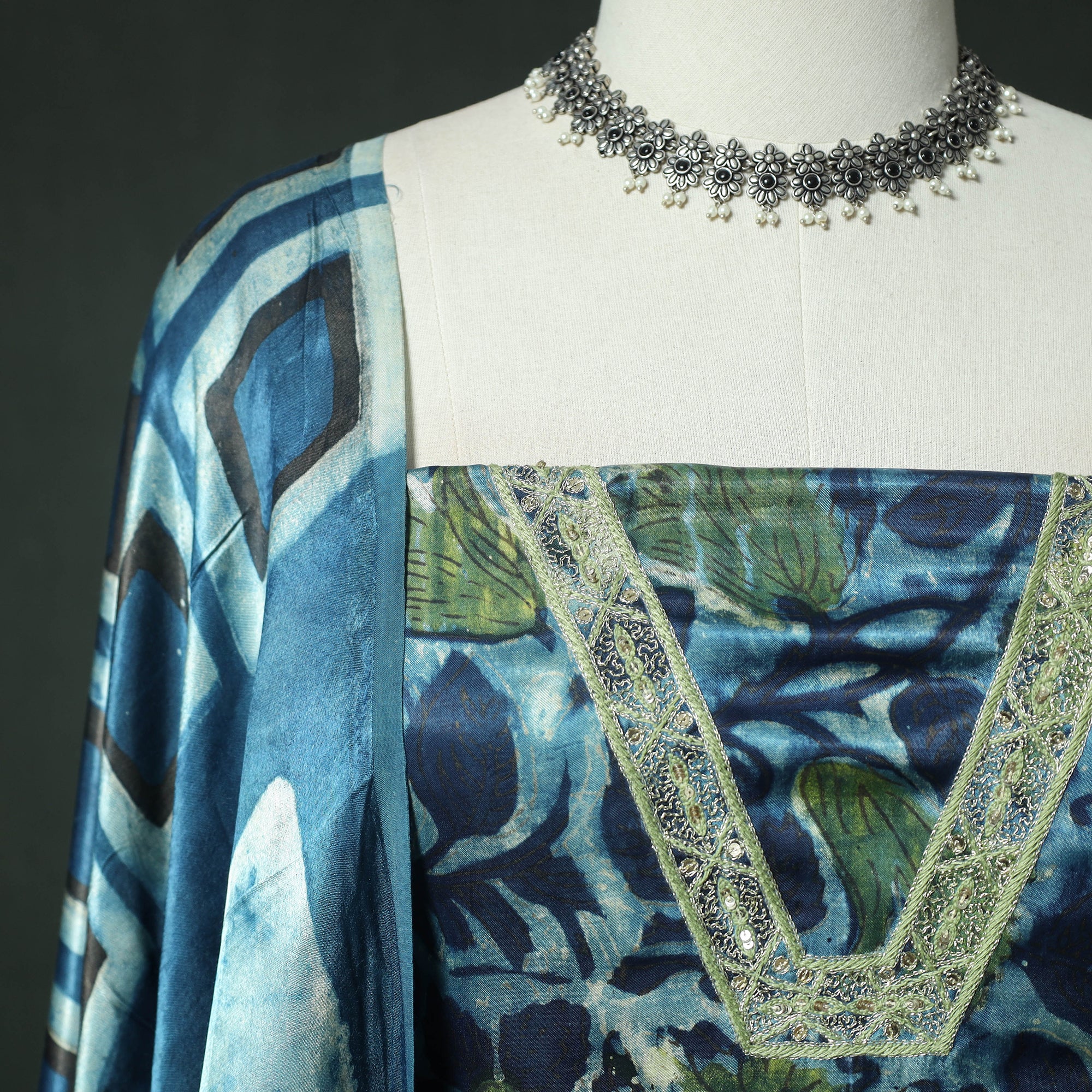 Blue - Bagru Vanaspati Block Print Modal Silk Lace Handwork 2pc Unstitched Dress Material Kurta Set 17 - Image 3