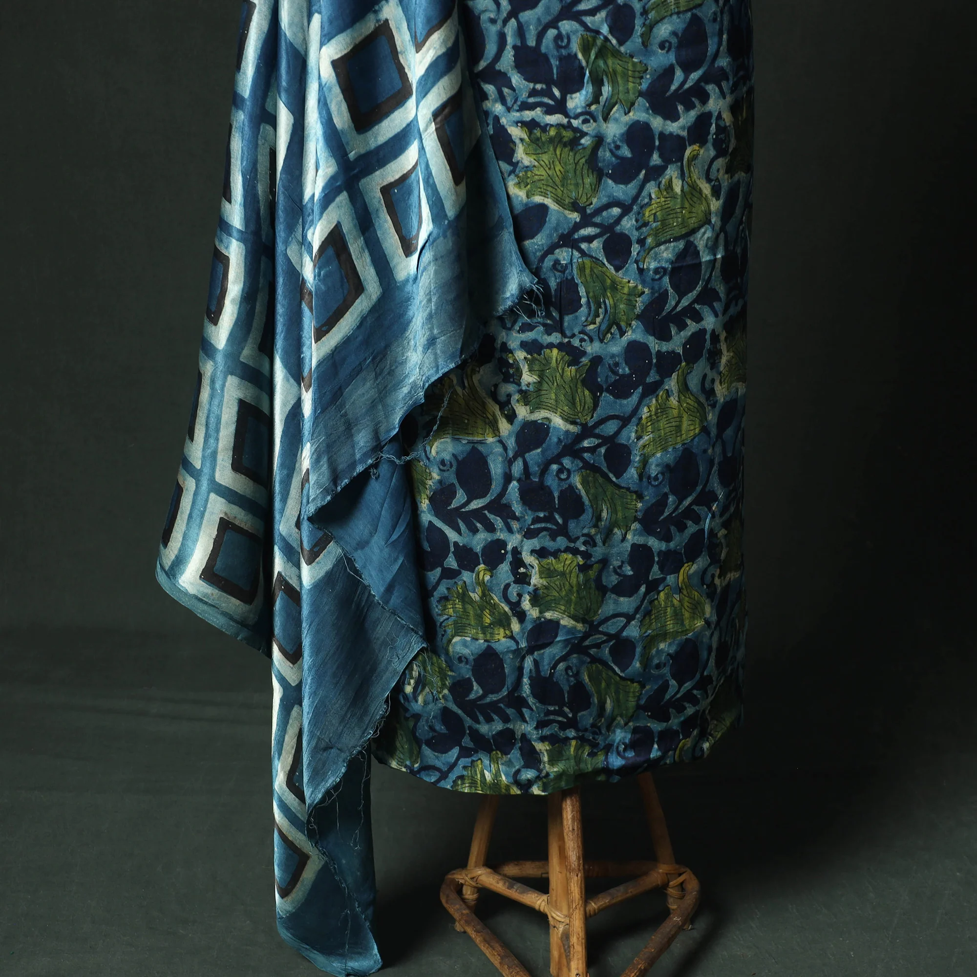 Blue - Bagru Vanaspati Block Print Modal Silk Lace Handwork 2pc Unstitched Dress Material Kurta Set 17 - Image 4