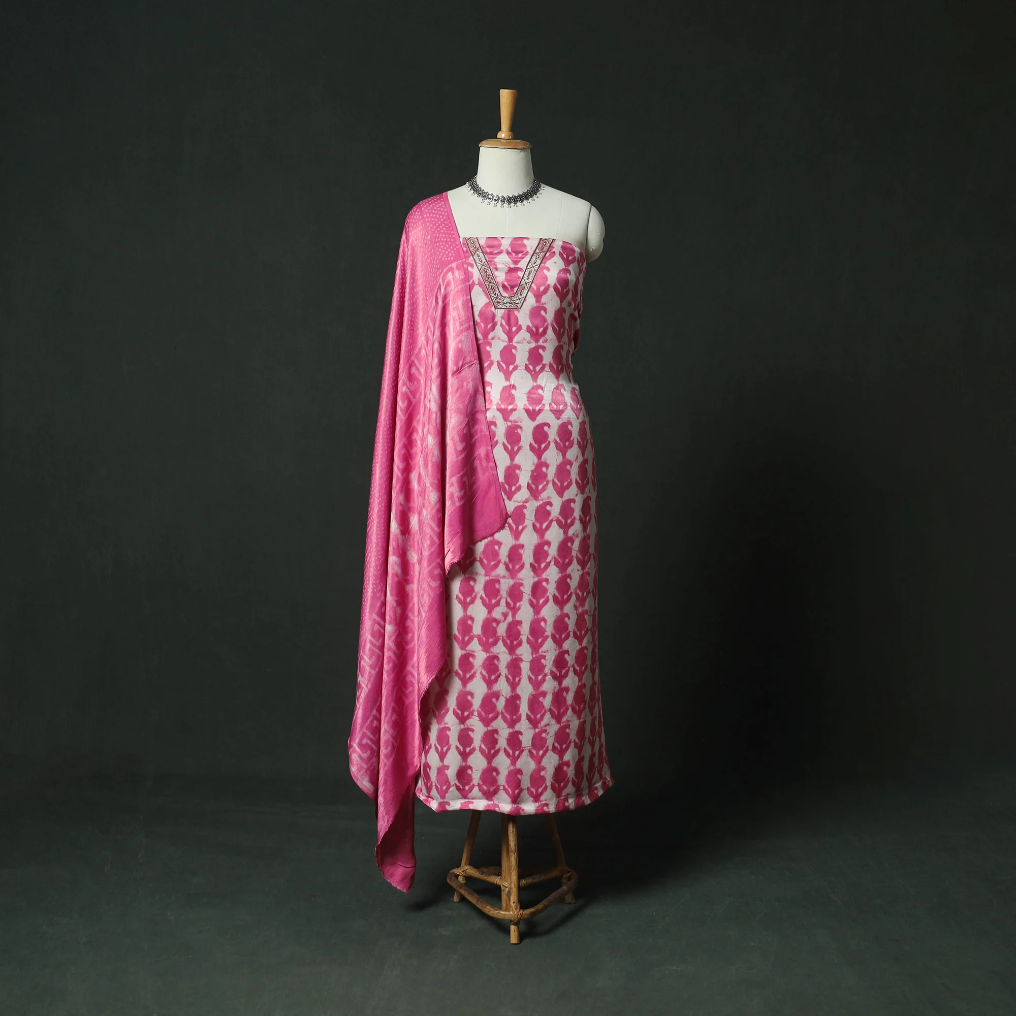 Pink - Bagru Vanaspati Block Print Modal Silk Lace Handwork 2pc Unstitched Dress Material Kurta Set 18