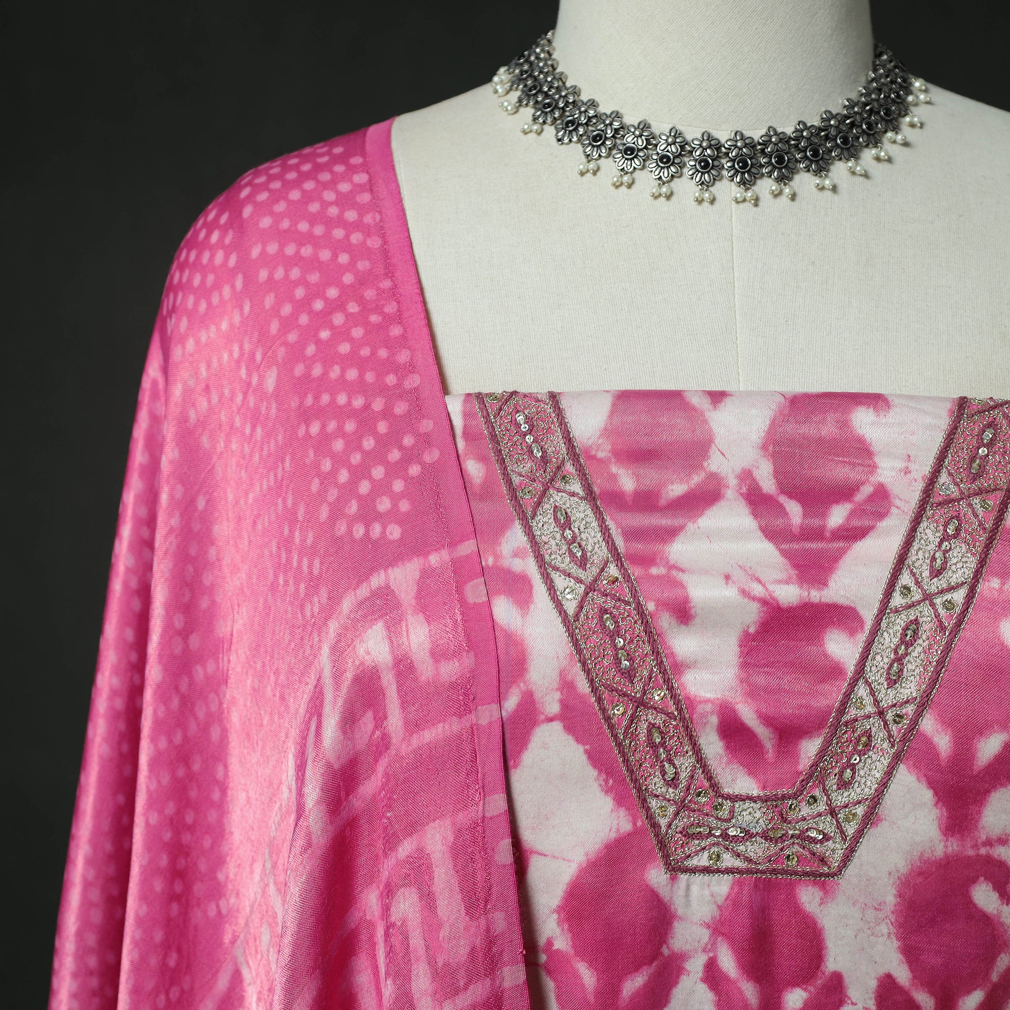 Pink - Bagru Vanaspati Block Print Modal Silk Lace Handwork 2pc Unstitched Dress Material Kurta Set 18 - Image 3