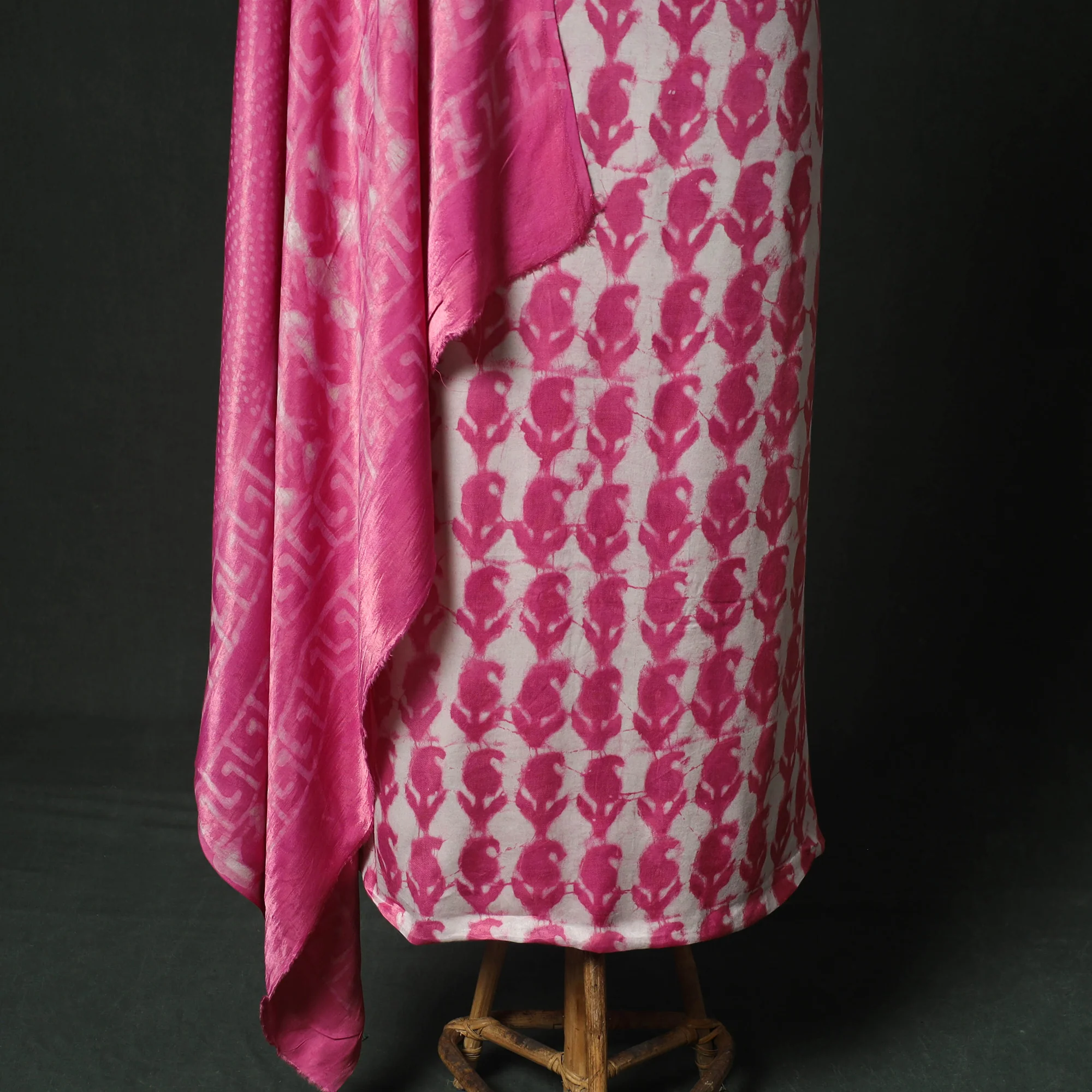 Pink - Bagru Vanaspati Block Print Modal Silk Lace Handwork 2pc Unstitched Dress Material Kurta Set 18 - Image 4