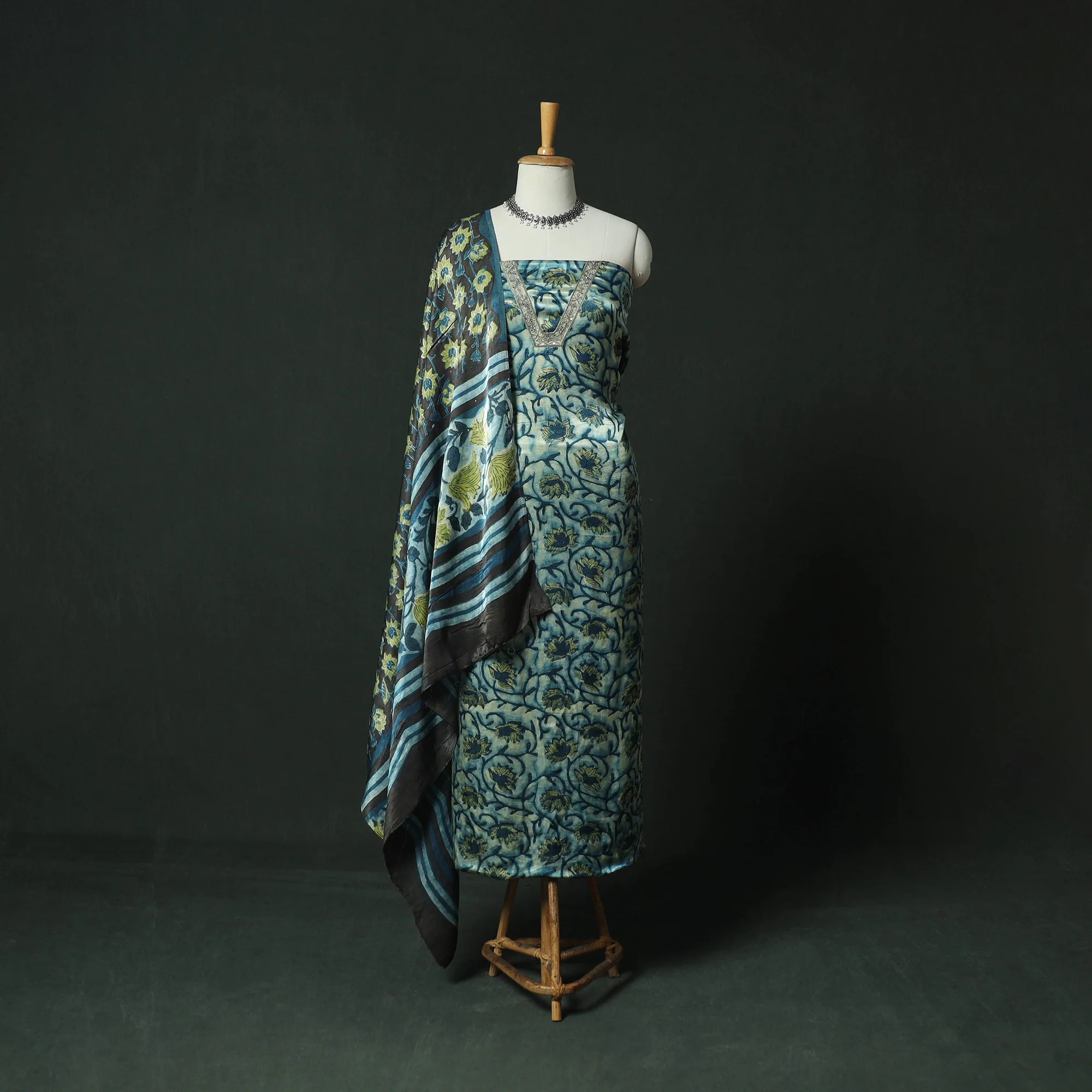 Green - Bagru Vanaspati Block Print Modal Silk Lace Handwork 2pc Unstitched Dress Material Kurta Set 20