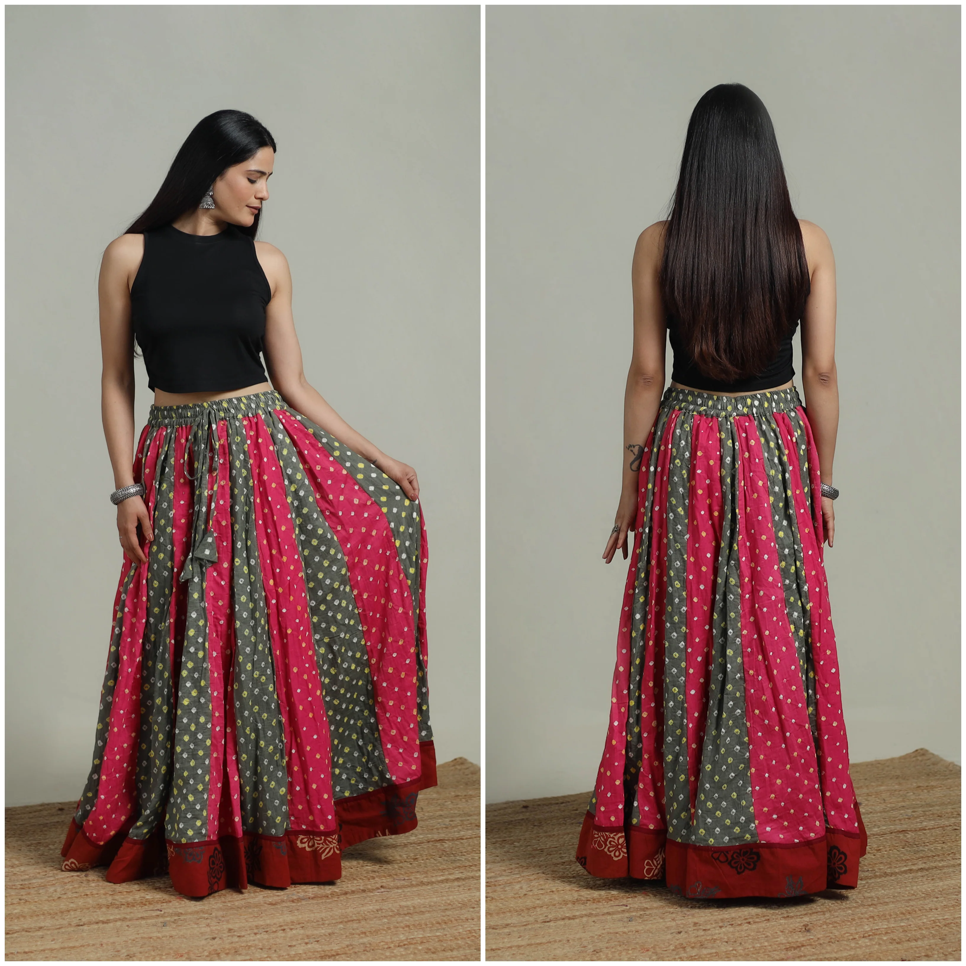 Bandhani Tie-Dye 24 Kali Patchwork Cotton Long Skirt 08 - Image 2