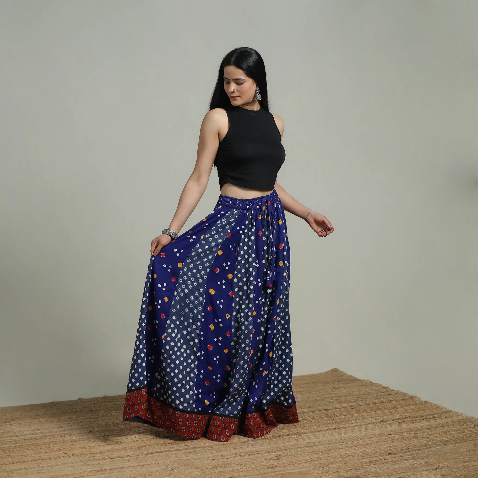 Bandhani Tie-Dye 24 Kali Patchwork Cotton Long Skirt 24 - Image 3