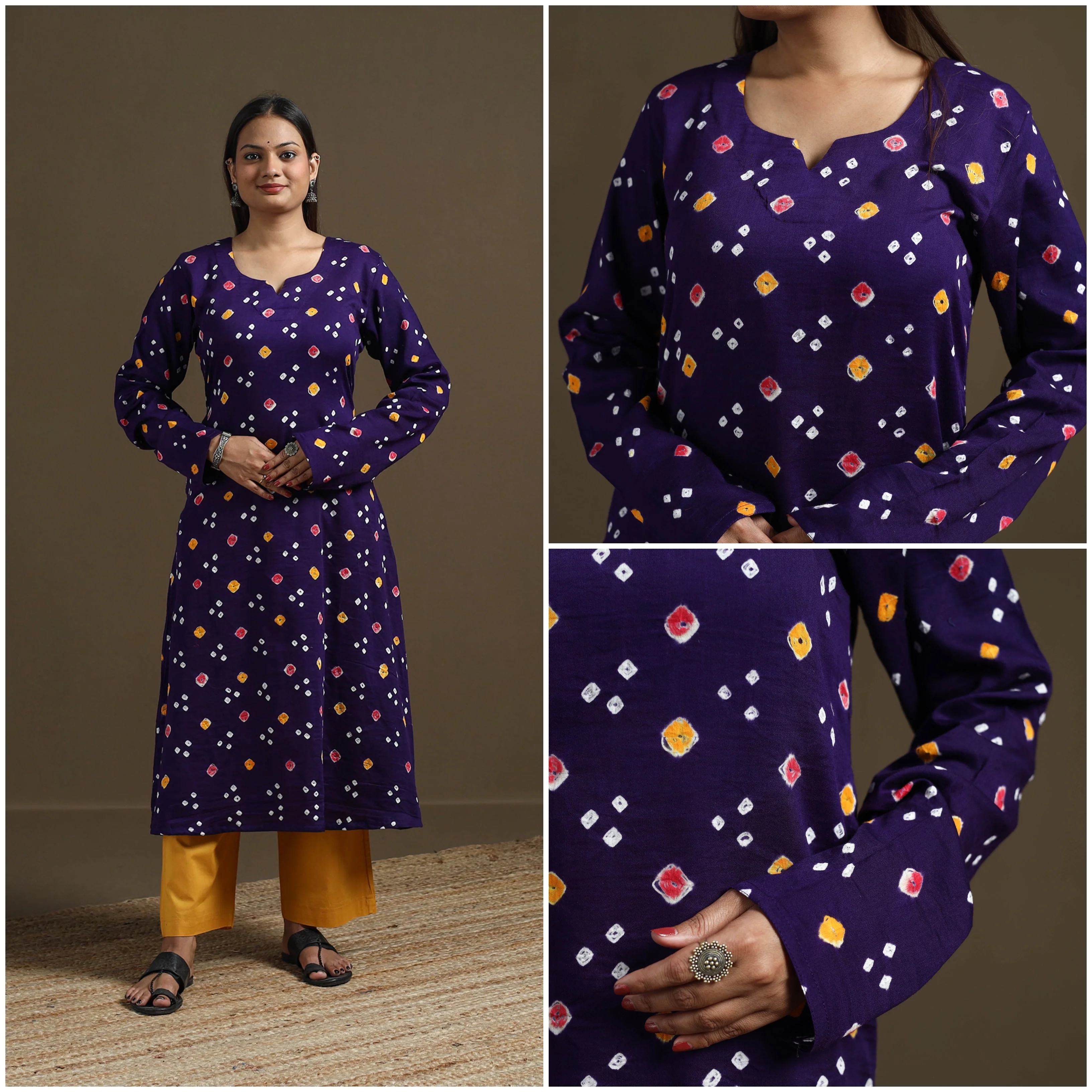 Purple - Bandhani Tie-Dye Cotton A-Line Kurta for women 02 - Image 4