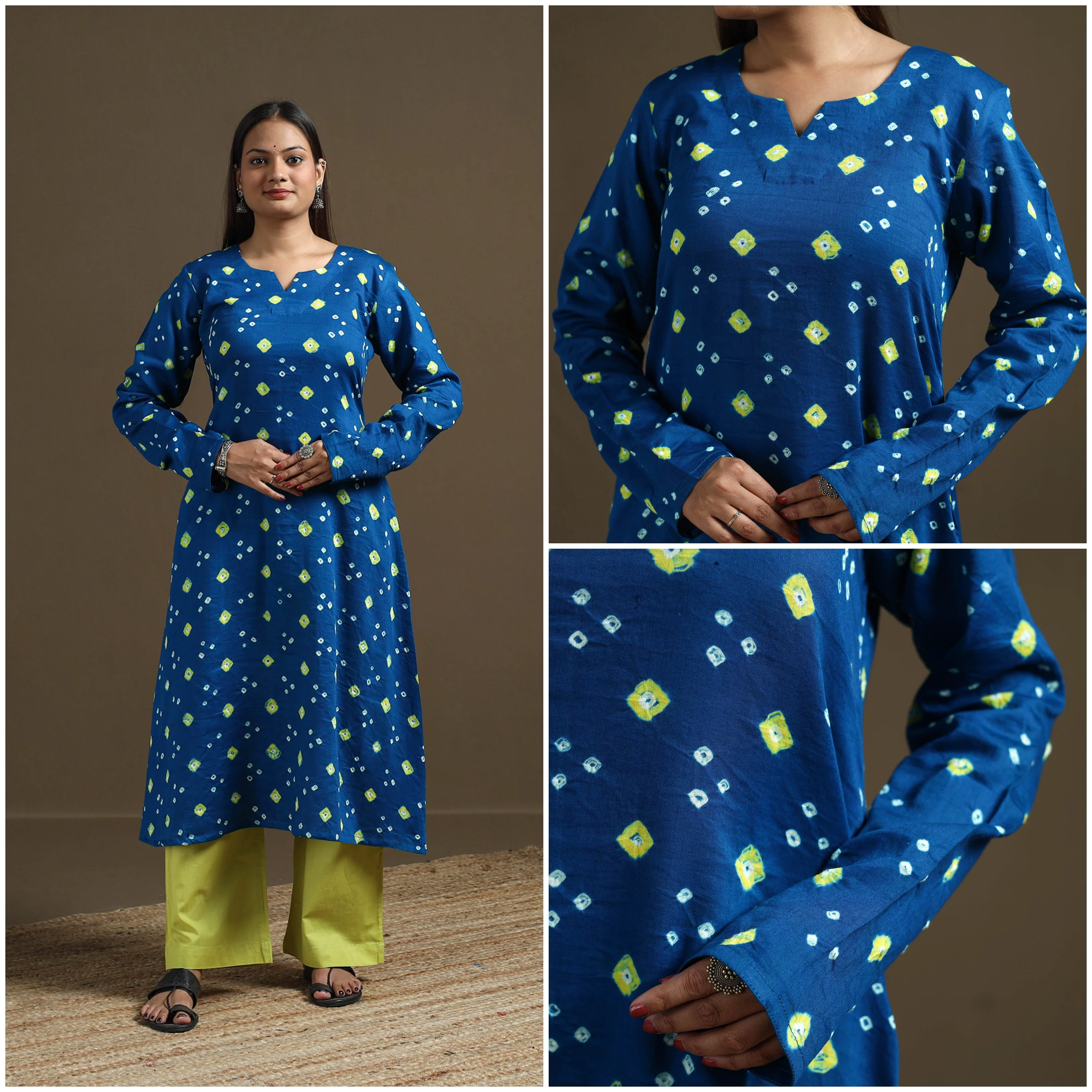Blue - Bandhani Tie-Dye Cotton A-Line Kurta for women 03 - Image 4