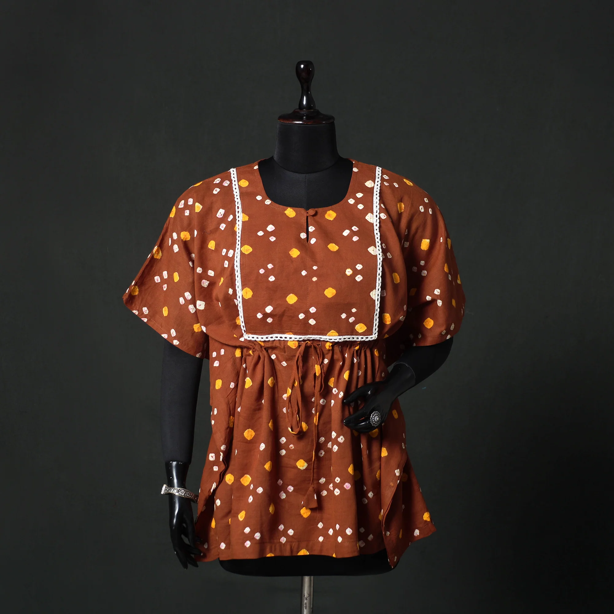 Brown - Bandhani Tie-Dye Lace Work Cotton Kaftan (Short) 89