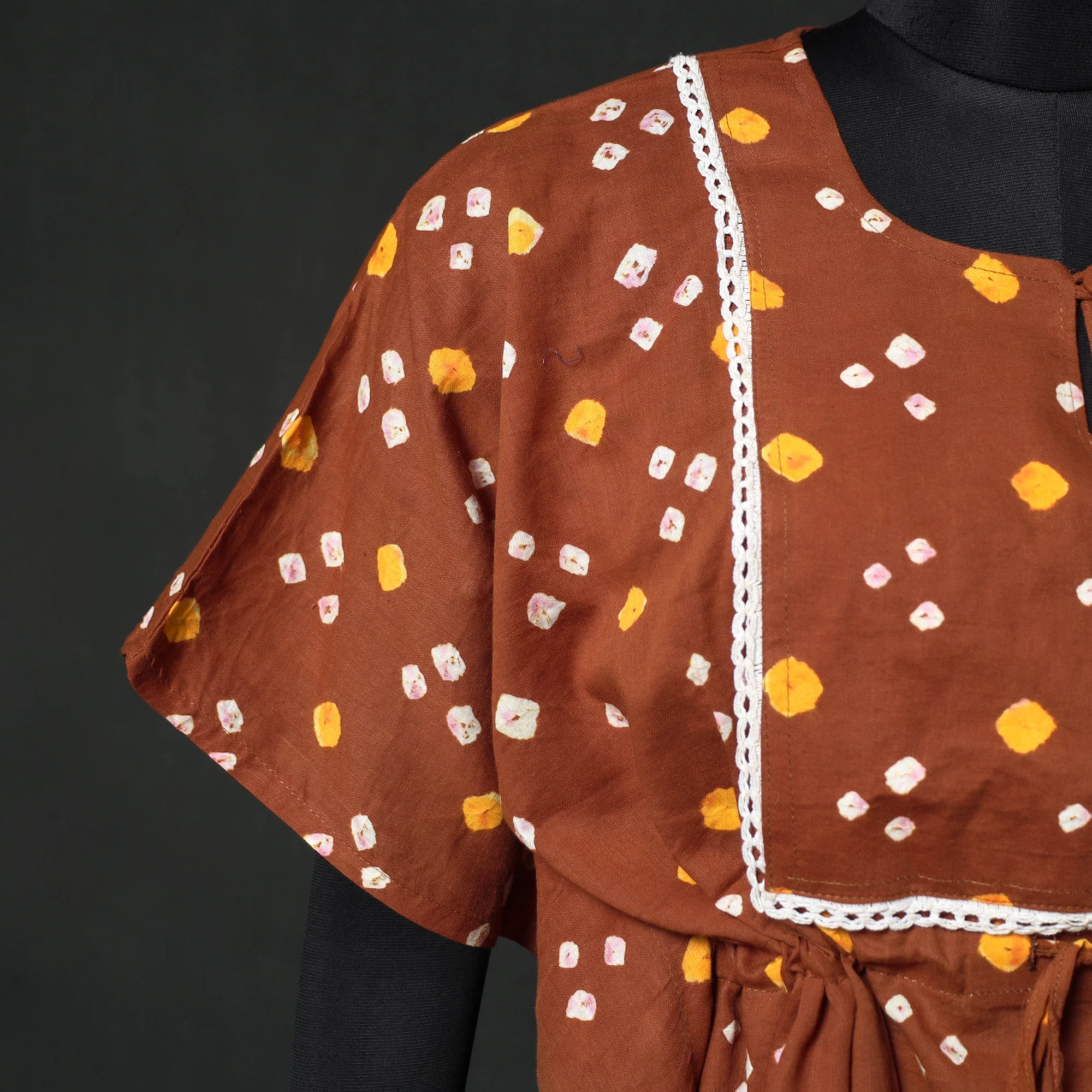 Brown - Bandhani Tie-Dye Lace Work Cotton Kaftan (Short) 89 - Image 4