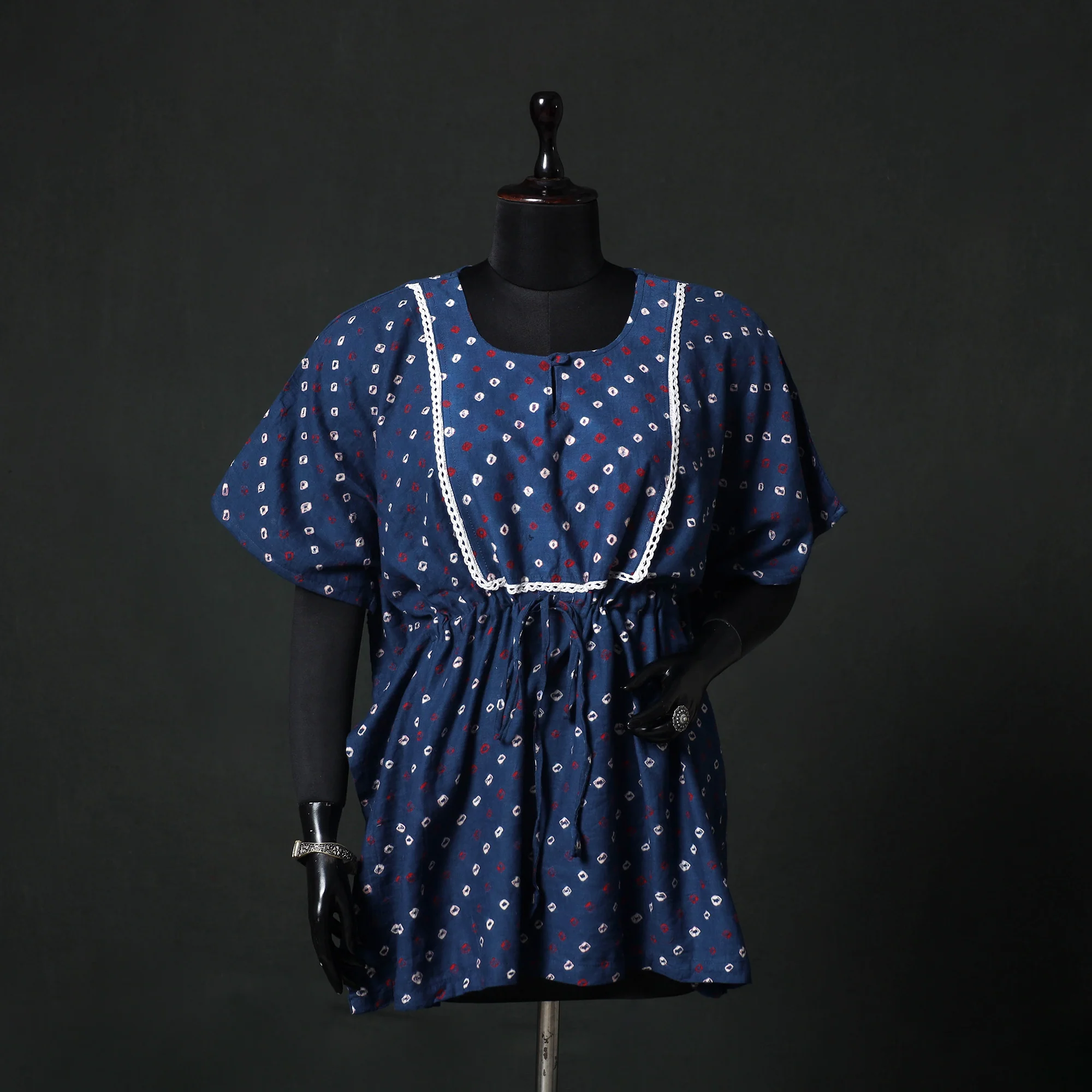 Blue - Bandhani Tie-Dye Lace Work Cotton Kaftan (Short) 90