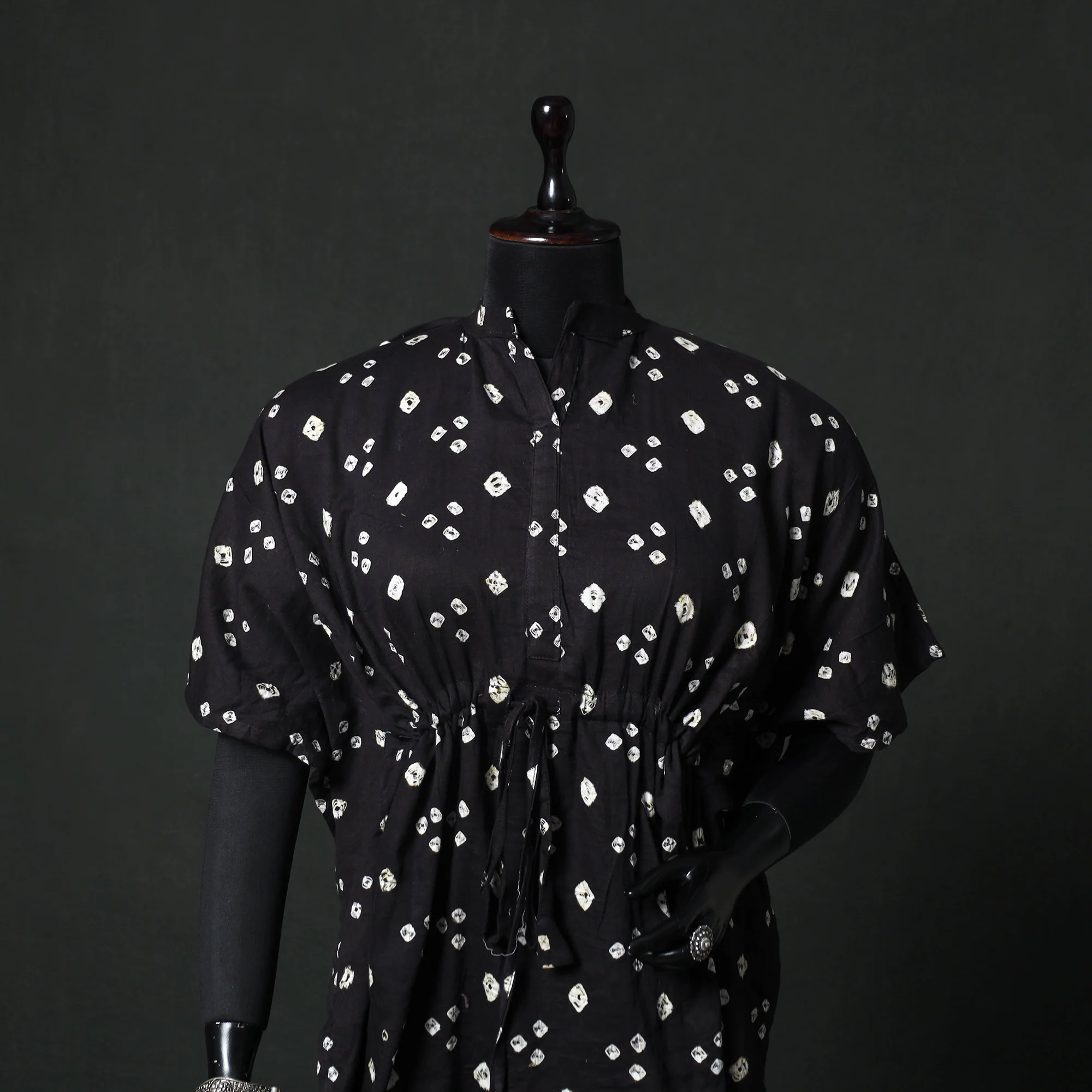 Black - Bandhani Tie-Dye Lace Work Cotton Kaftan (Short) 91 - Image 2