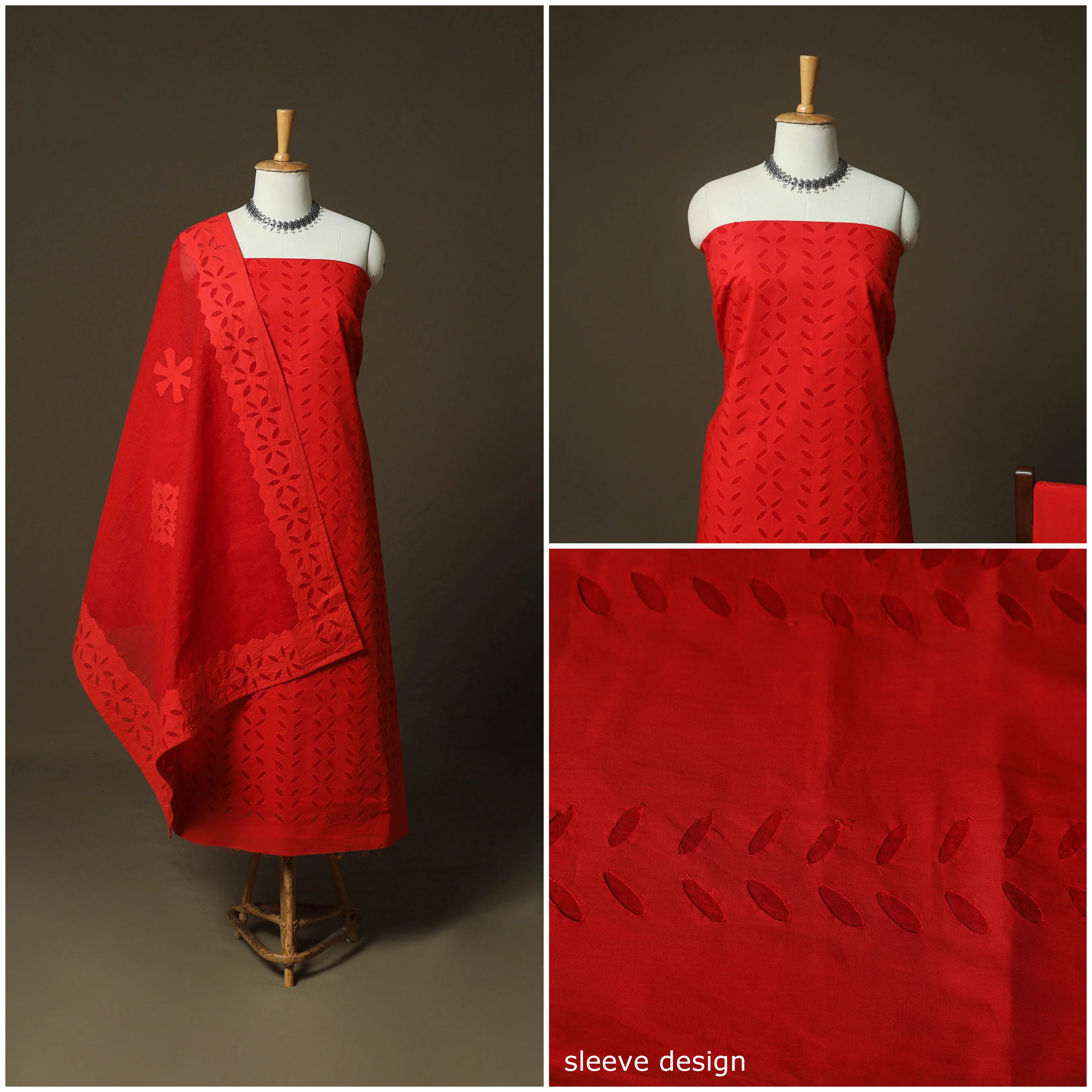 Red - Barmer Applique Cutwork Cotton 3pc Unstitched Dress Material Suit Set 01 - Image 3