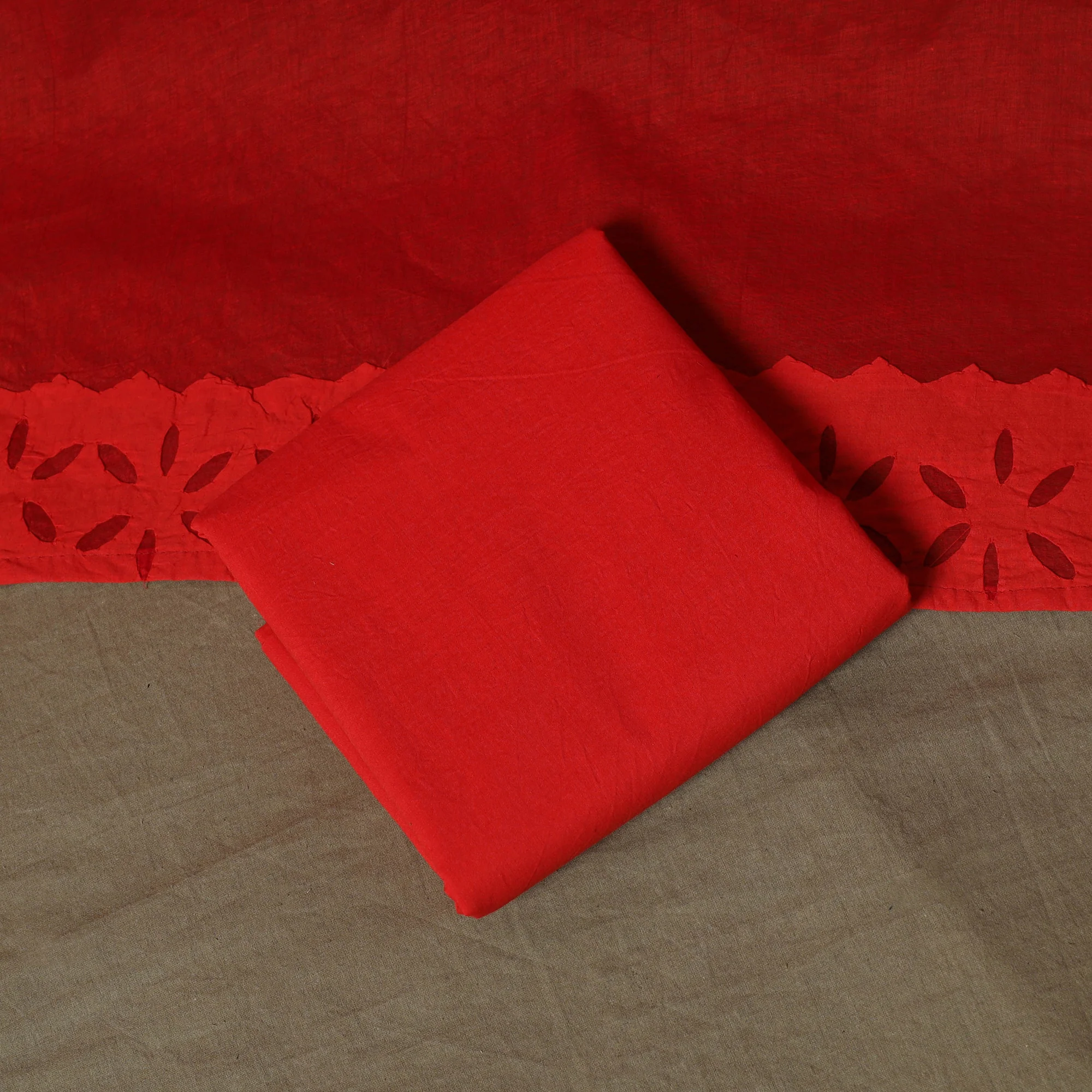 Red - Barmer Applique Cutwork Cotton 3pc Unstitched Dress Material Suit Set 01 - Image 5