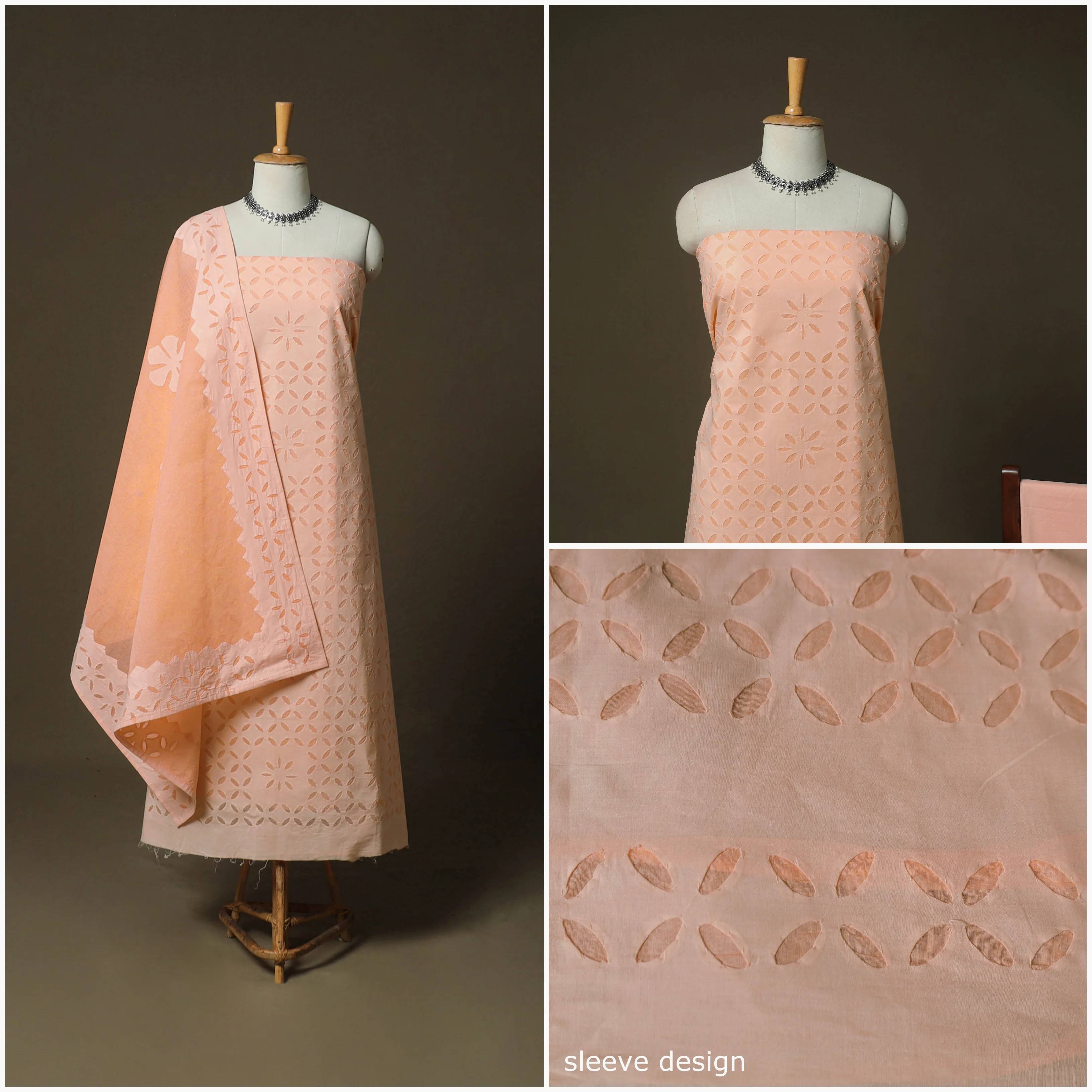 Peach - Barmer Applique Cutwork Cotton 3pc Unstitched Dress Material Suit Set 02 - Image 3