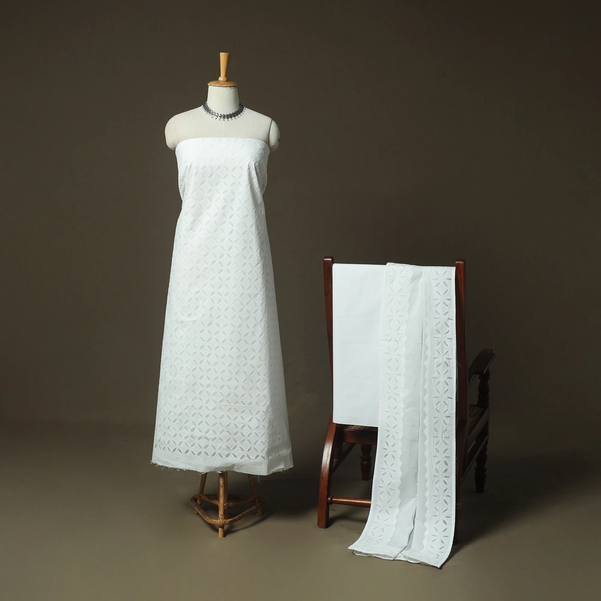 White - Barmer Applique Cutwork Cotton 3pc Unstitched Dress Material Suit Set 03 - Image 2