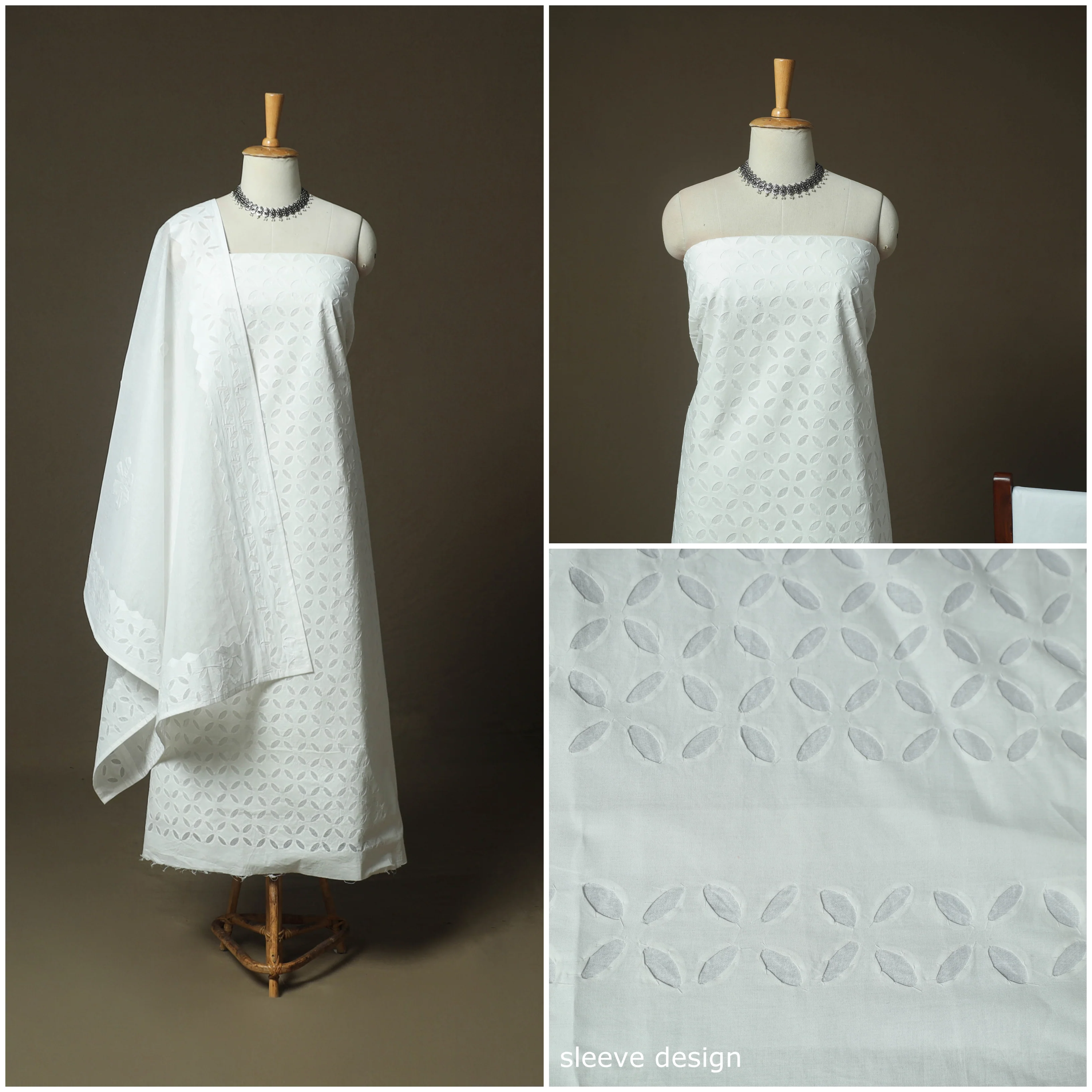 White - Barmer Applique Cutwork Cotton 3pc Unstitched Dress Material Suit Set 03 - Image 3